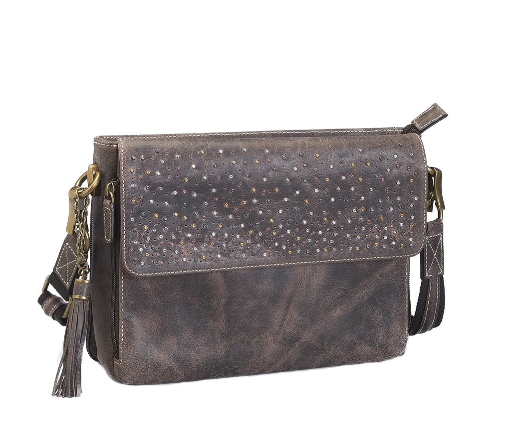 Distressed Buffalo Leather Crossbody Organizer Purse by Gun Tote'n Mamas (Brown), Medium