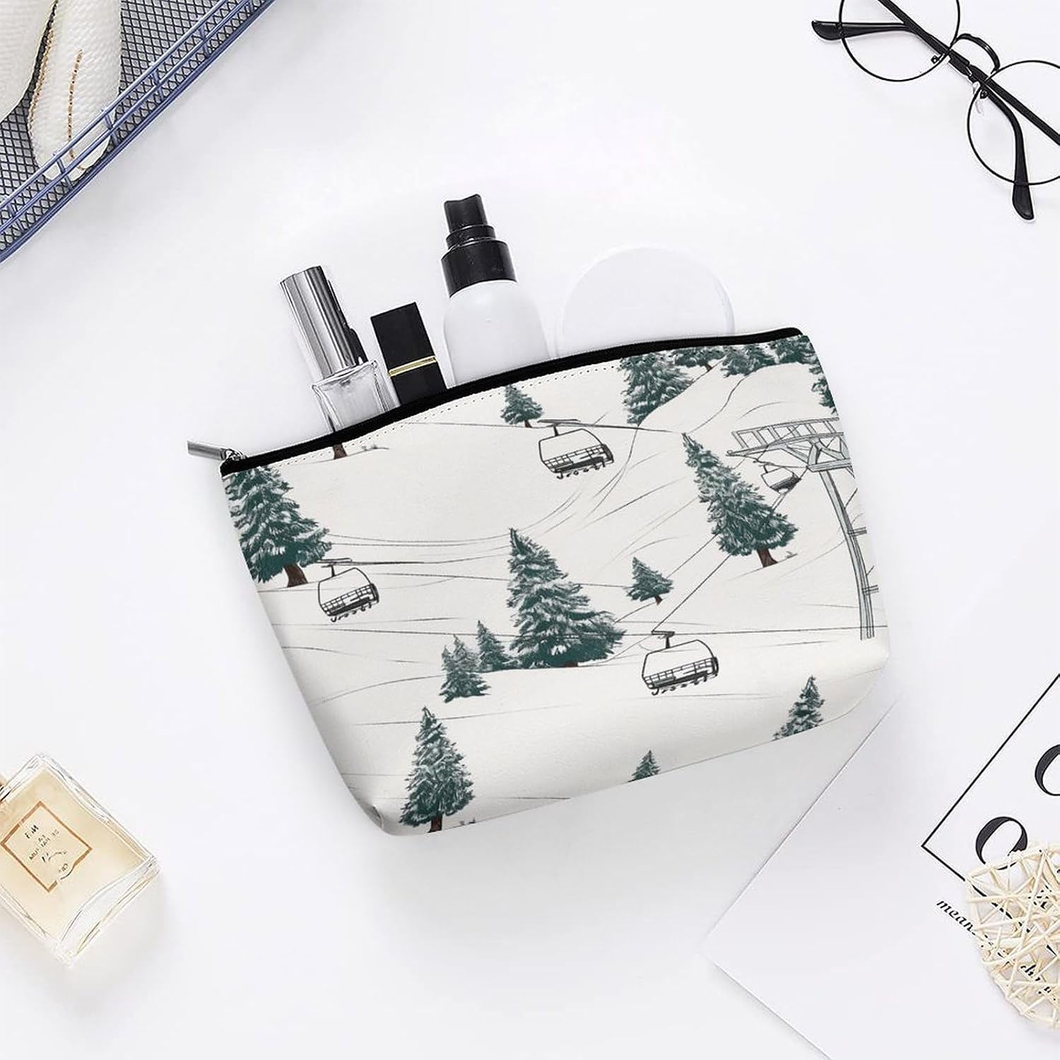 Cute Small Cosmetic Bag for Women Ski Lift With Fir Tree Print Makeup Bag for Purse PU Leather Aesthetic Makeup Pouch Travel Portable Compact Zipper Pouch for Daily Essentials image 5