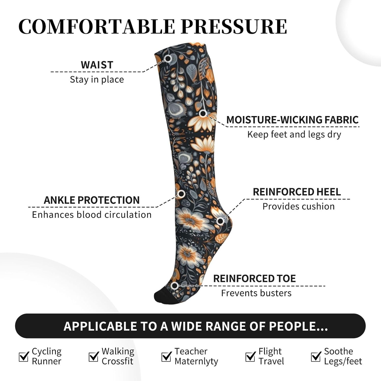 Orange And Gray Flowers Compression Socks For Women Men 15-20mmhg Graduated Support Circulation Knee High Socks For Nurses Athletic