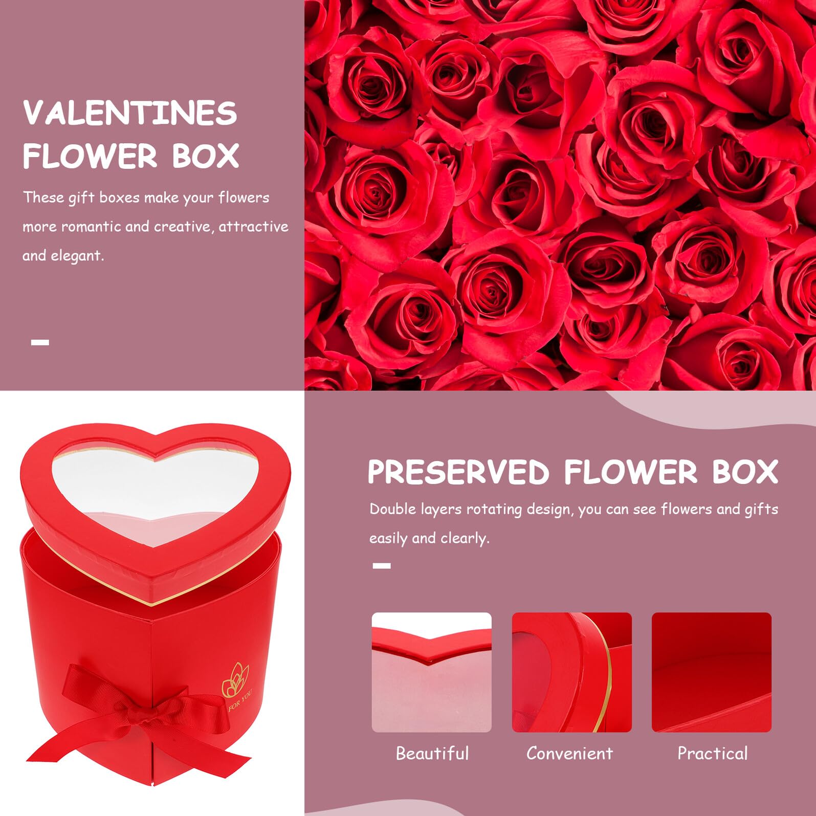 Healvian Herzförmige Geschenkbox Doppellagig mit Transparentem Sichtfenster Herzbox aus Karton Rot Drehbare Blumenverpackung für Muttertag Valentinstag und Blumenarrangements