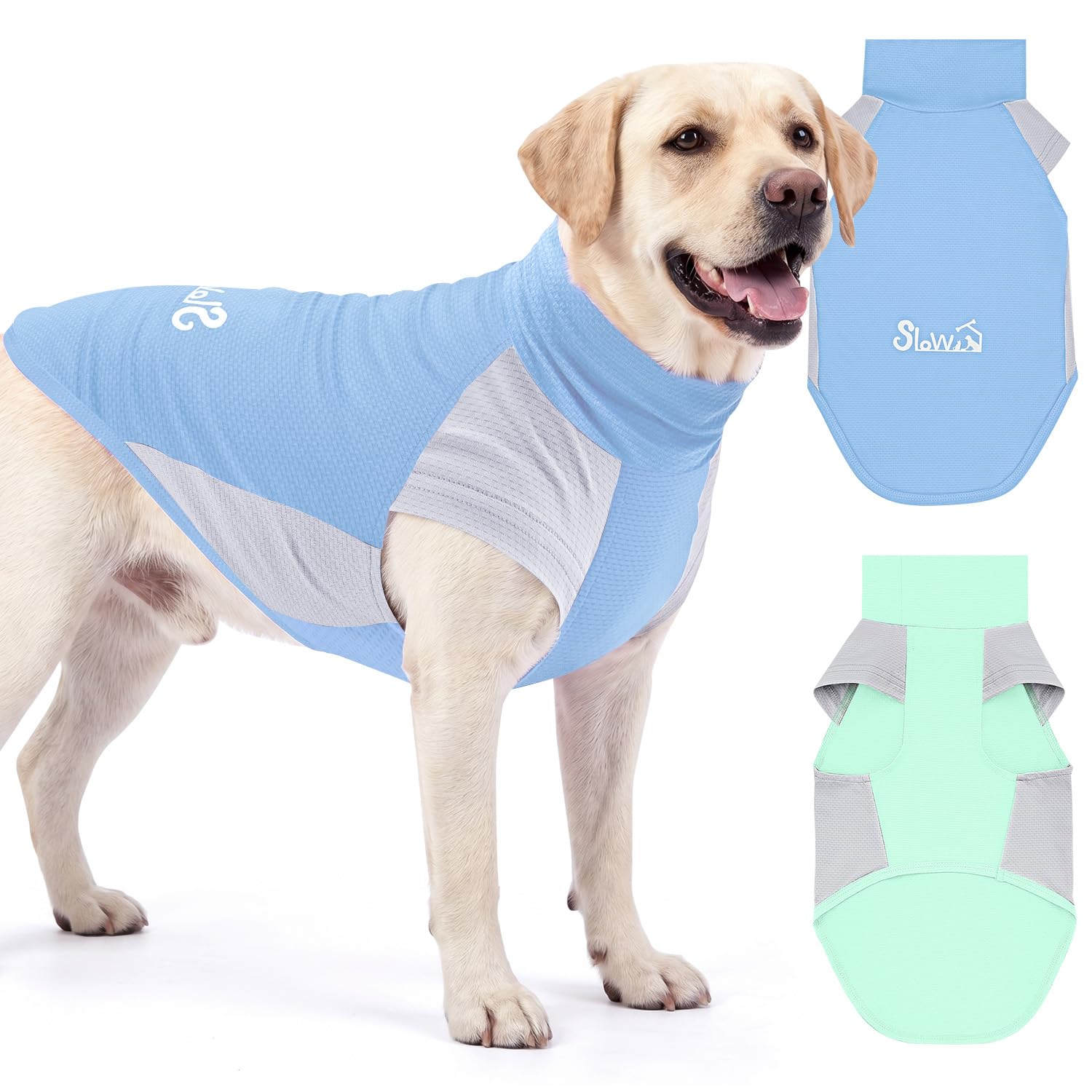 Eyein 2er-Pack Sonnenschutzshirt für Hunde UPF 50+ UV-Schutz, Atmungsaktive Leichte Sommer Sonnenschutz Hundeshirt mit hohem Kragen und Ärmeln - reflektierend & elastisches (Grün+Blau, 2XL)