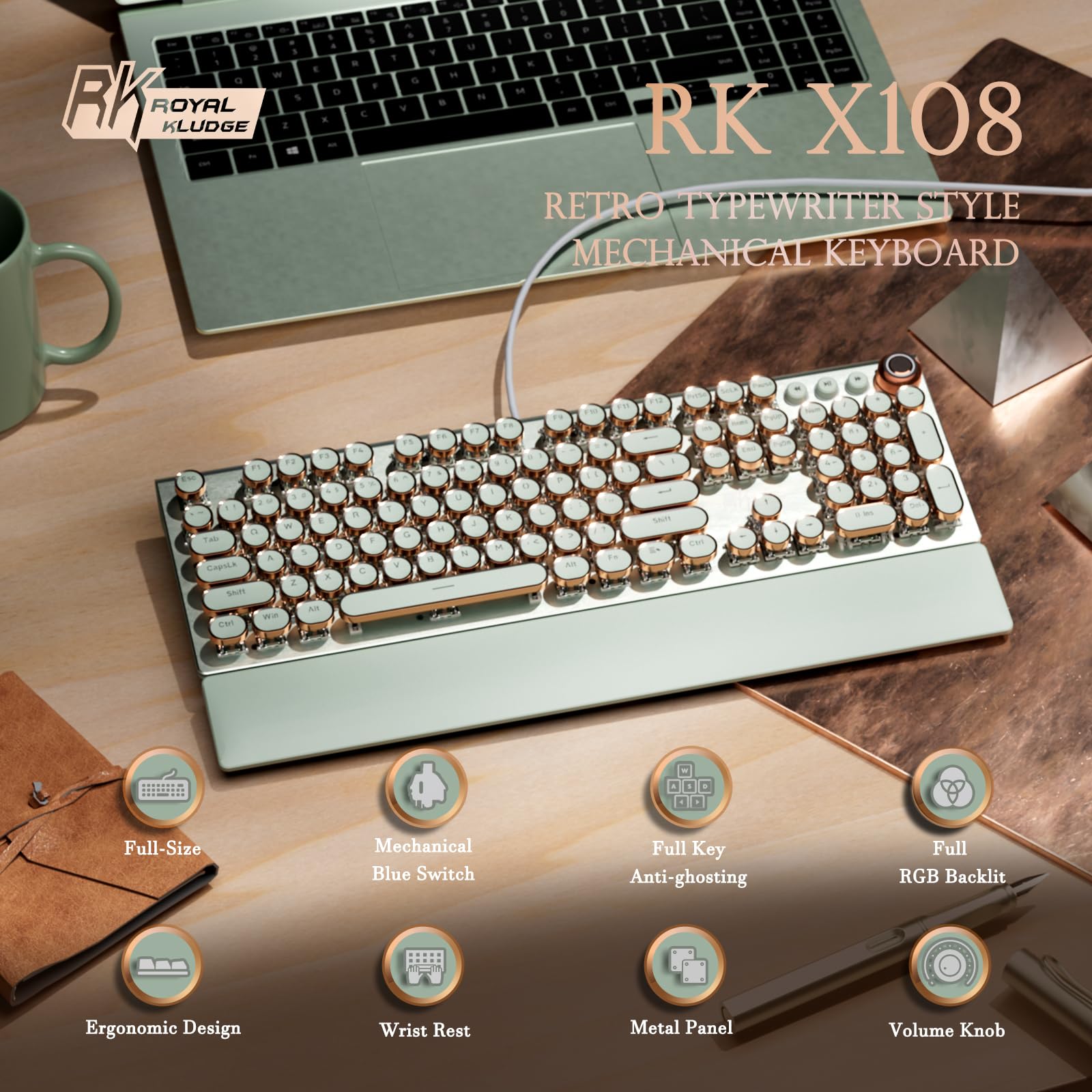 RK ROYAL KLUDGE Tastiera da gioco RKX108, interruttore blu, verde erba