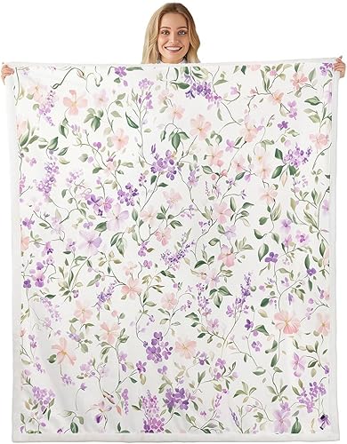 Miniatura 33 de Manfei Pink Flower Throw Blanket Watercolor Floral Leaves Print Fleece Blanket Plants Wildflower Cozy Throws for Bed Couch Sofa,Kids Boys Girls Room
