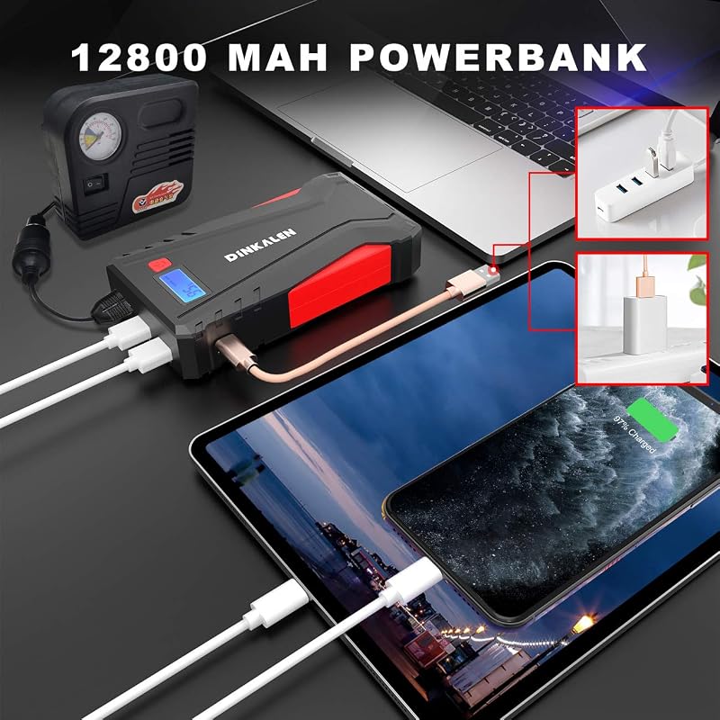 DINKALEN DN100 Hordozható Autós Bikázó 800A, Powerbank Funkcióval, 7.0L Benzin/5.5L Dízel Motorokhoz, LED Lámpával, Fekete-Piros