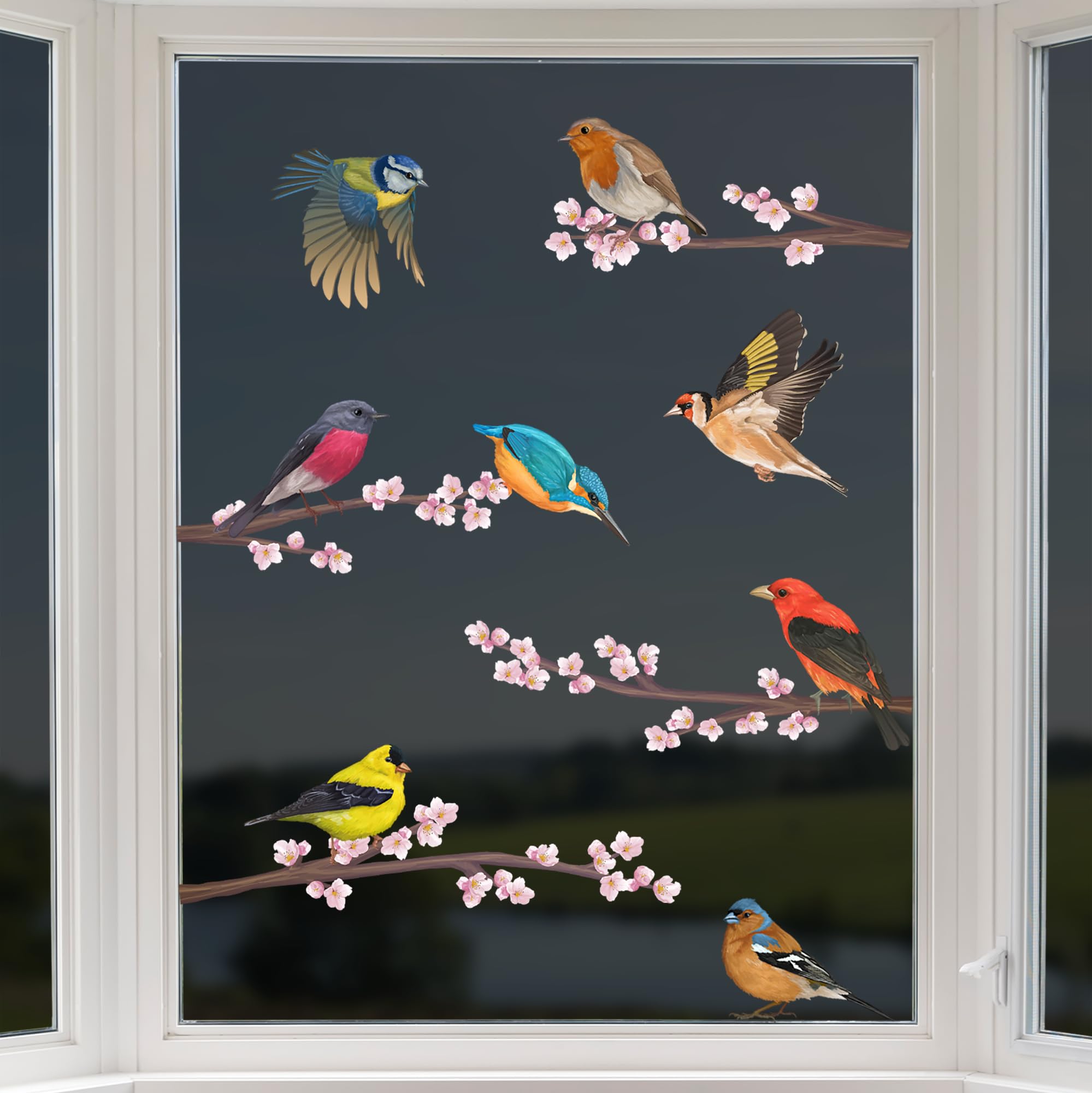 8 Birds with Blossom Branches Window Clings Non Adhesive Vinyl Stickers Beautiful Glass Safety Sticker