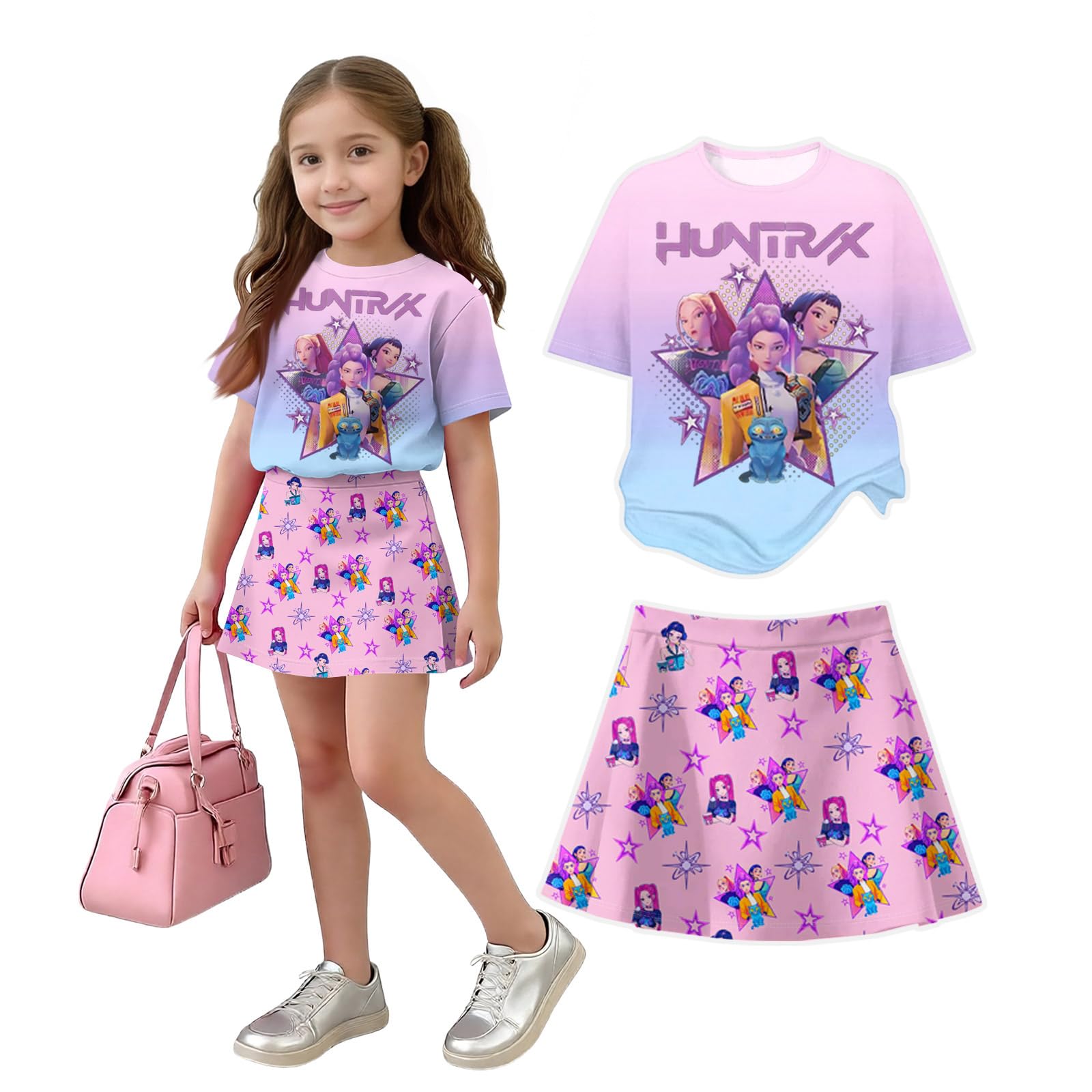 K Pop Short Sleeve T-Shirt and Skirts Outfits Set for Girls Hunters Girl's Anime Graphic Tees De-Mon Summer Sets — view 15