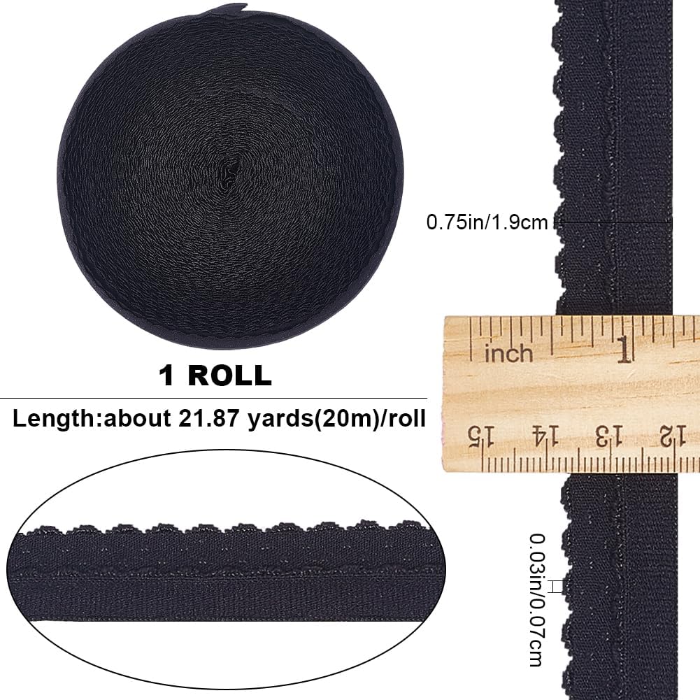 GORGECRAFT 22 Yards Fold Over Elastic Band 3/4 Inch Wide Black Wave Stretch Edge Ribbon Lingerie Edging Trimming Crocheted Webbing Roll for DIY Sewing Crafts Garment Gift Wrapping Wedding Supplies