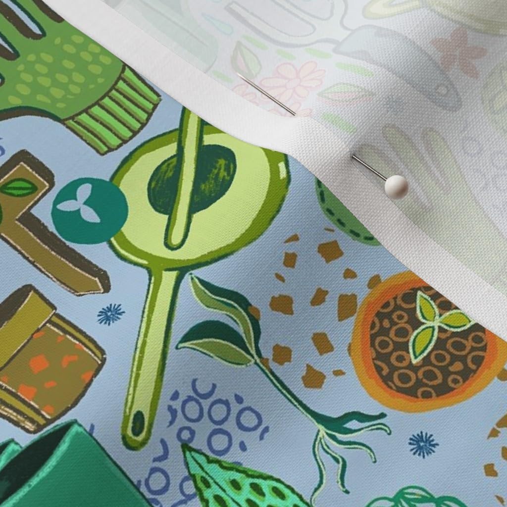 Spoonflower Fabric - Gardening Tools Green On Blue Printed on Petal Signature Cotton Fabric by The Yard - Sewing Quilting Apparel Crafts Decor