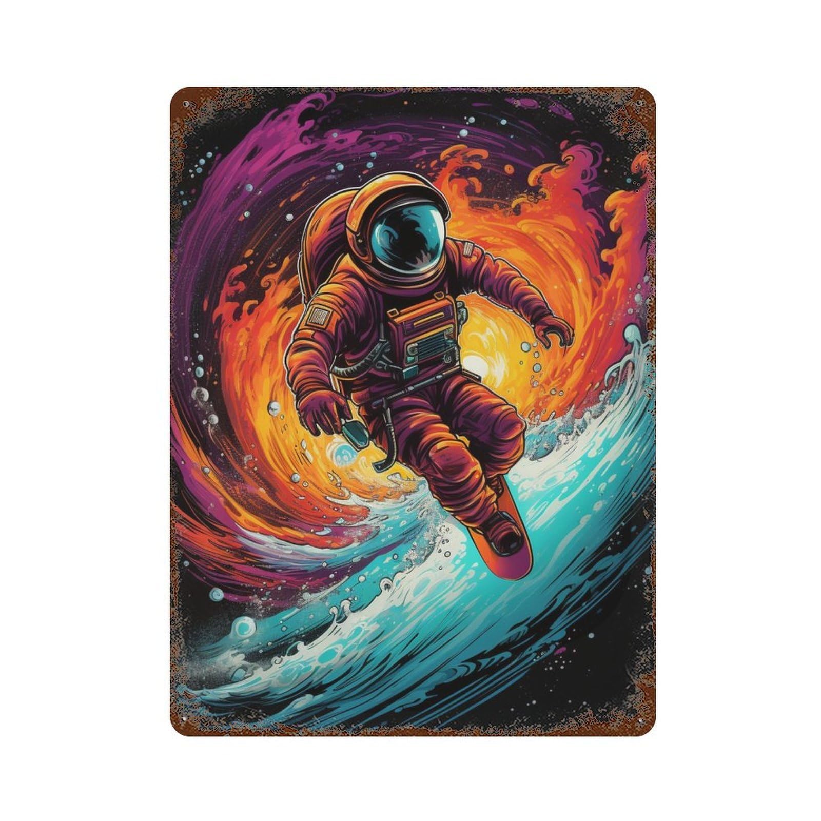 Distressed Metal Wall Sign Astronaut Surfing Cosmic Wave 15.7"x11.8", Old School Wall Decor for Bistro, Counter And Cafe Decor
