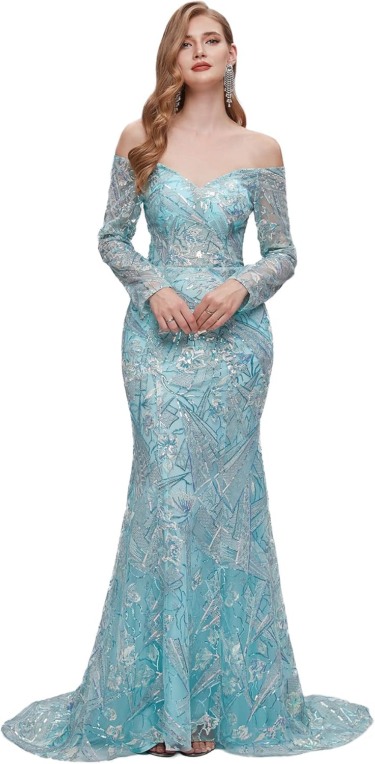 Women's Off-Shoulder Lace Sequins Long Sleeves Mermaid Prom Dress