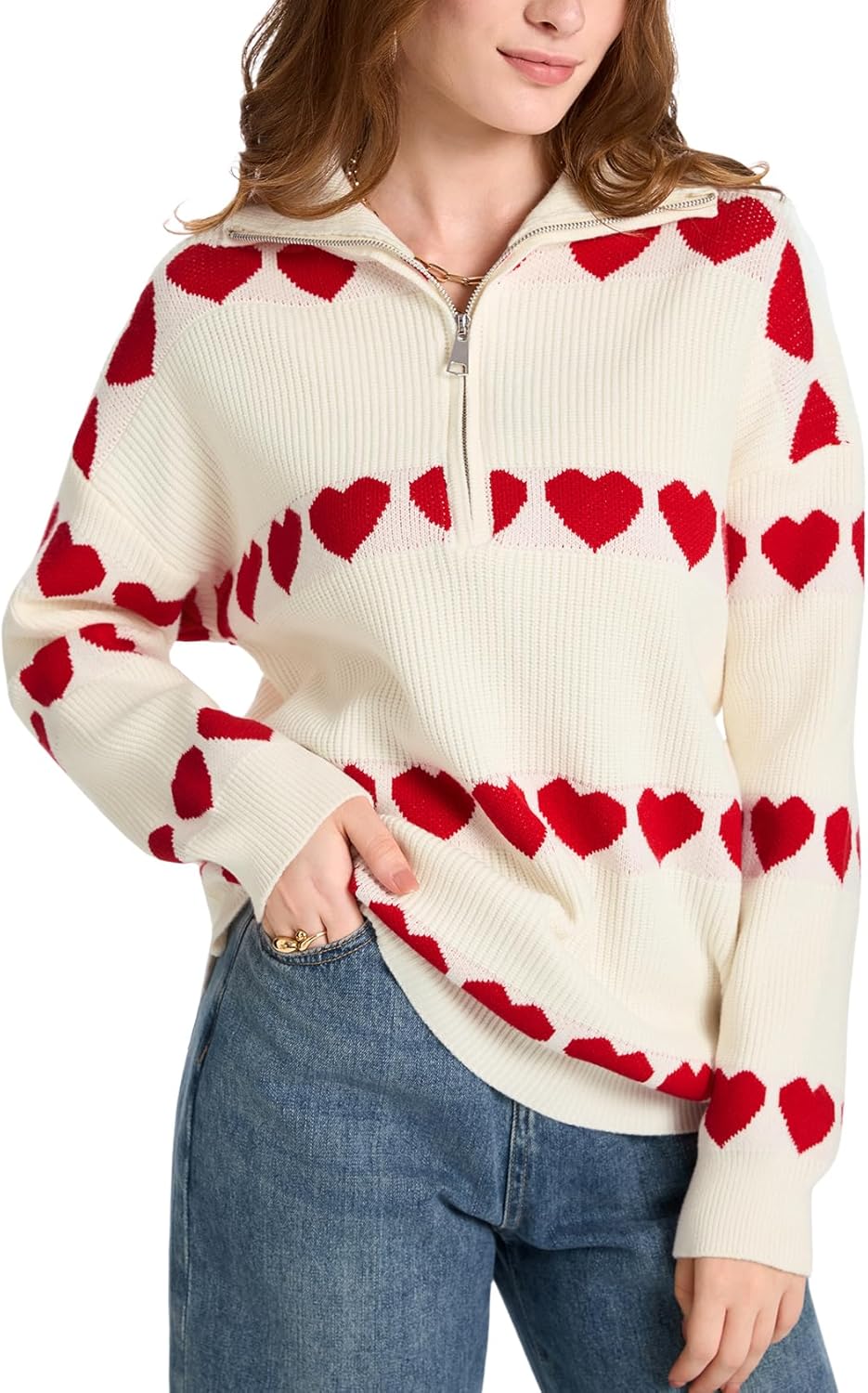 Yimoon Heart Sweater for Women Valentines Day Sweater Oversized Quarter Zip Knit Pullover Cute Chunky Knitwear