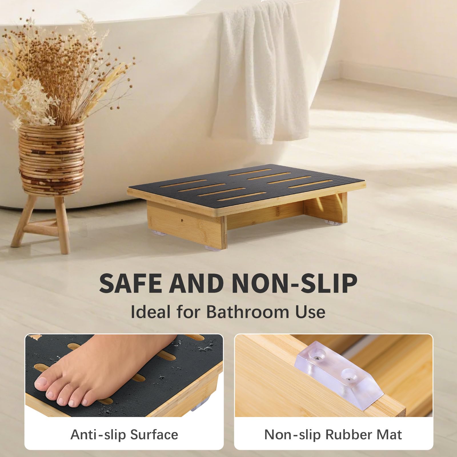 Roylvan Taburete para Adultos, Escalón para Camas Altas, Taburete Antideslizante con Capacidad de Carga de 440 LB para Ancianos, Niños, Junto a la Cama, Ducha, Cocina, Madera de Haya/Negro