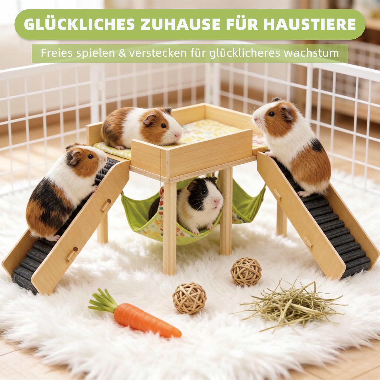 Meerschweinchen Haus aus Holz, Meerschweinchen Versteck mit Hängematte und Rampe, Kleine Haustiere Spielzeug Zubehoer, Versteck für Zwerg Hamster Rennmäuse Degus Stachelmäuse Kaninchen