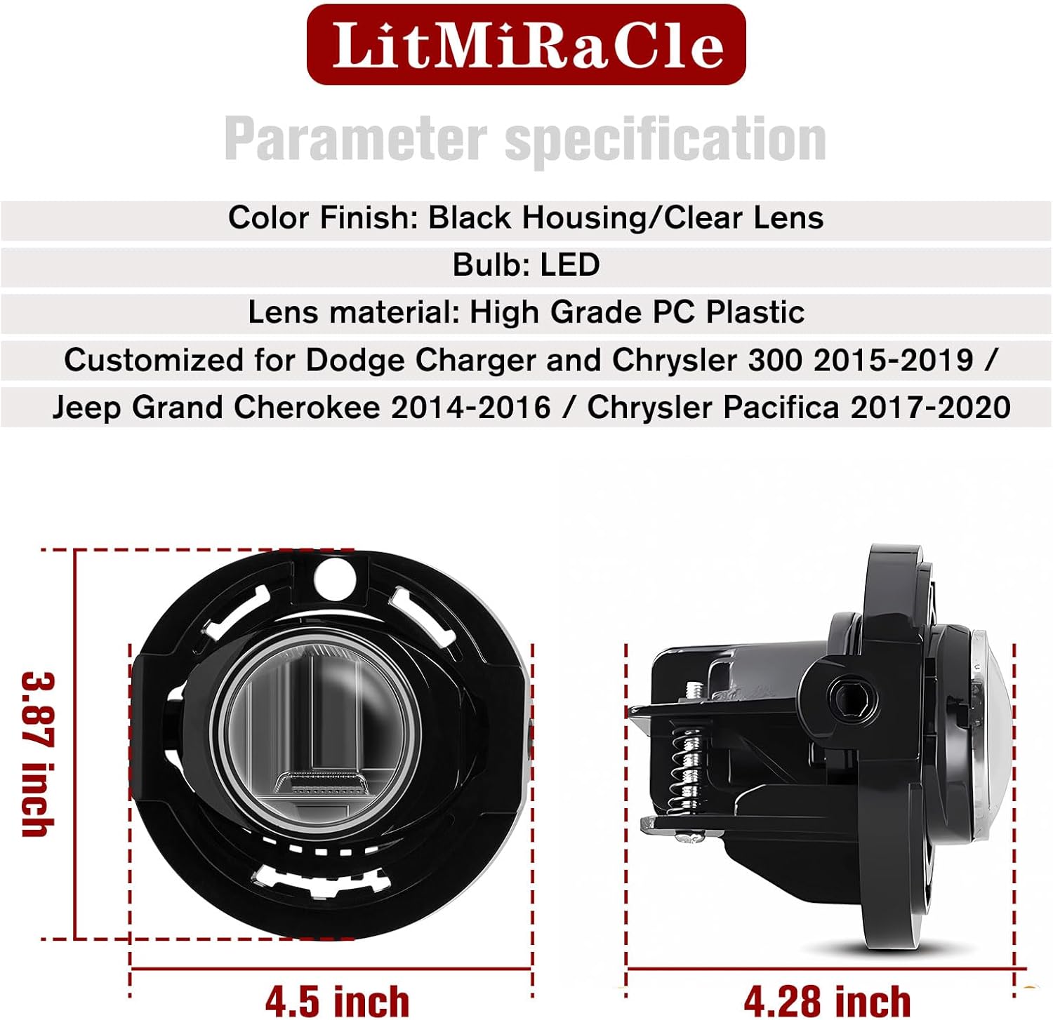 Fog Light Set for Dodge Charger and Chrysler 300 2015-2019 / Jeep Grand Cherokee 2014-2016 / Chrysler Pacifica 2017-2020, DRL LED Fog Light Clear Lens