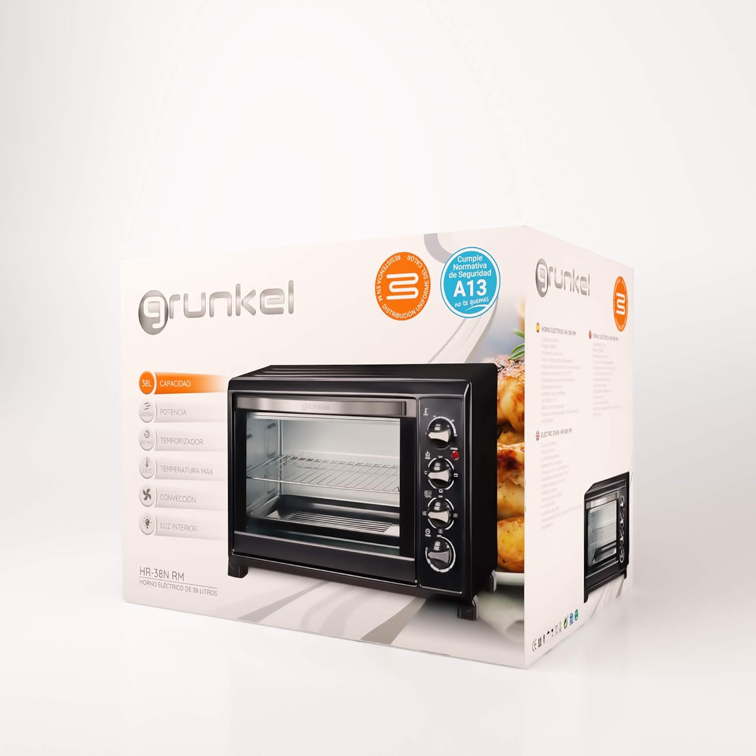 Grunkel - HR-38N RM - Forno elettrico multifunzione da tavolo da 38 l con 3 funzioni di calore e selettore di temperatura fino a 230 °C. Timer fino a 60 min - 2000 W - Nero