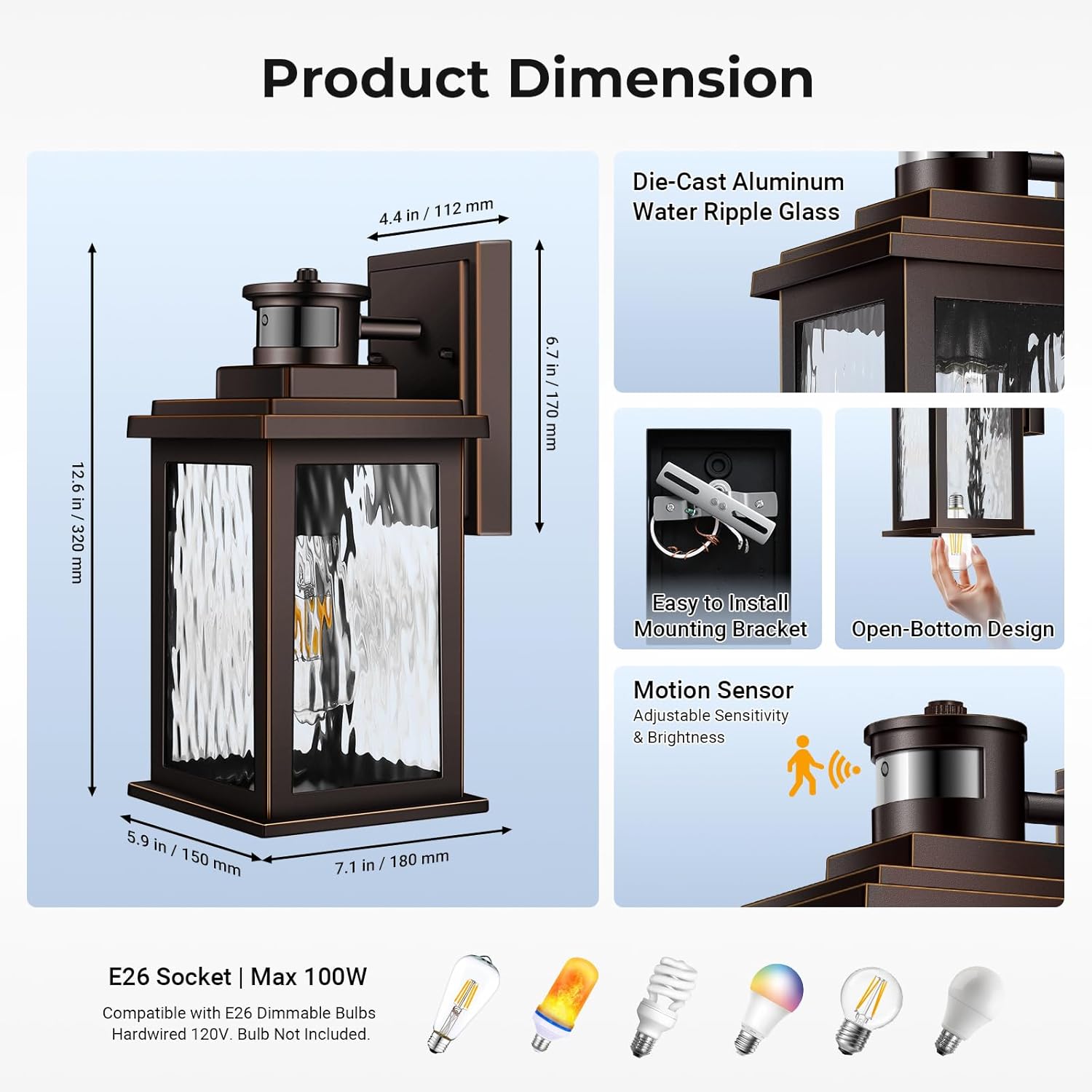 VIANIS Motion Sensor Outdoor Light Fixture, 2 Pack Oil-Rubbed Bronze, Adjustable Sensitivity Outdoor Wall Lights, Anti-Rust Aluminum Waterproof Outdoor Lanterns for Porch, Front Door, Entrance