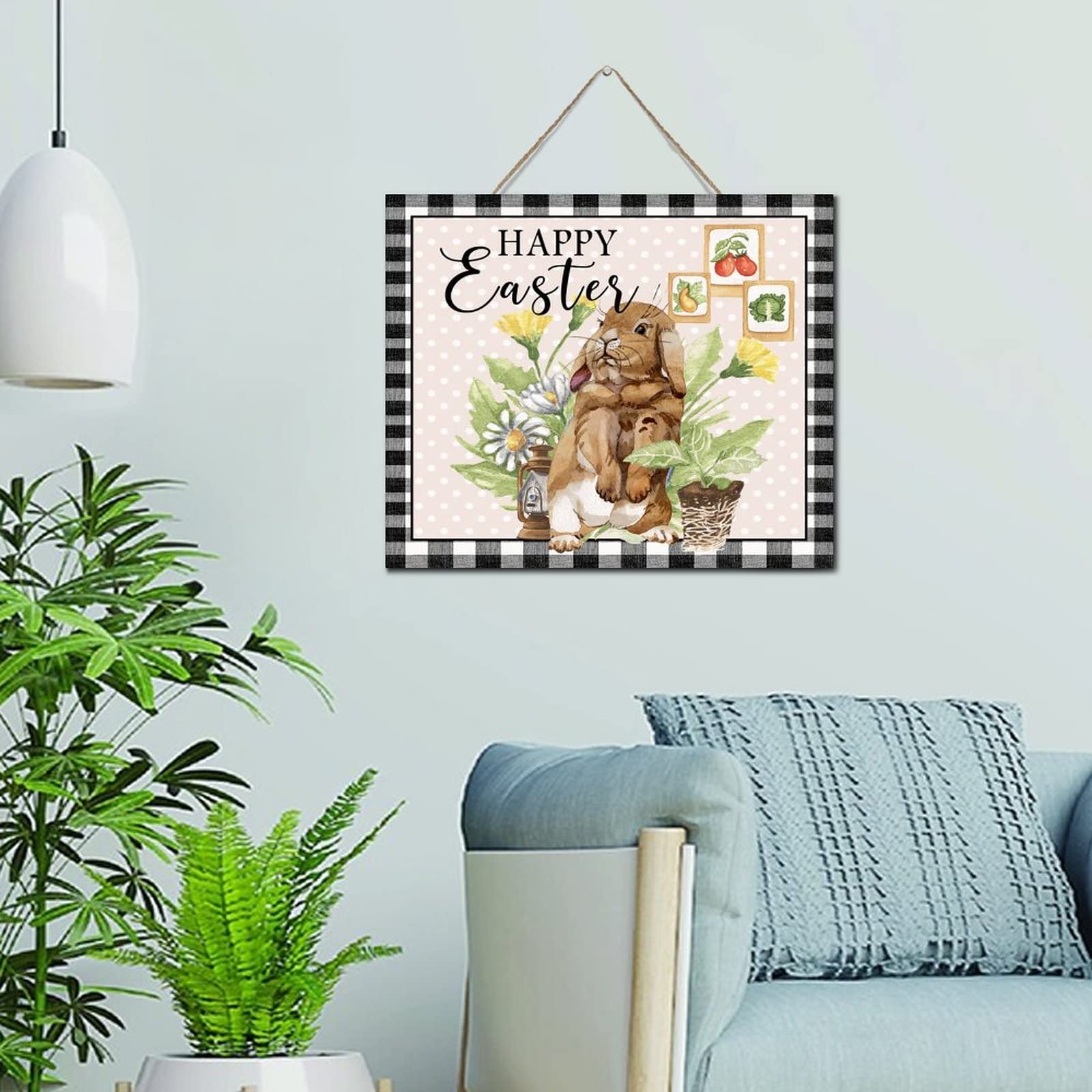 Letrero de madera de conejo a cuadros decoración para mesa 10x12"