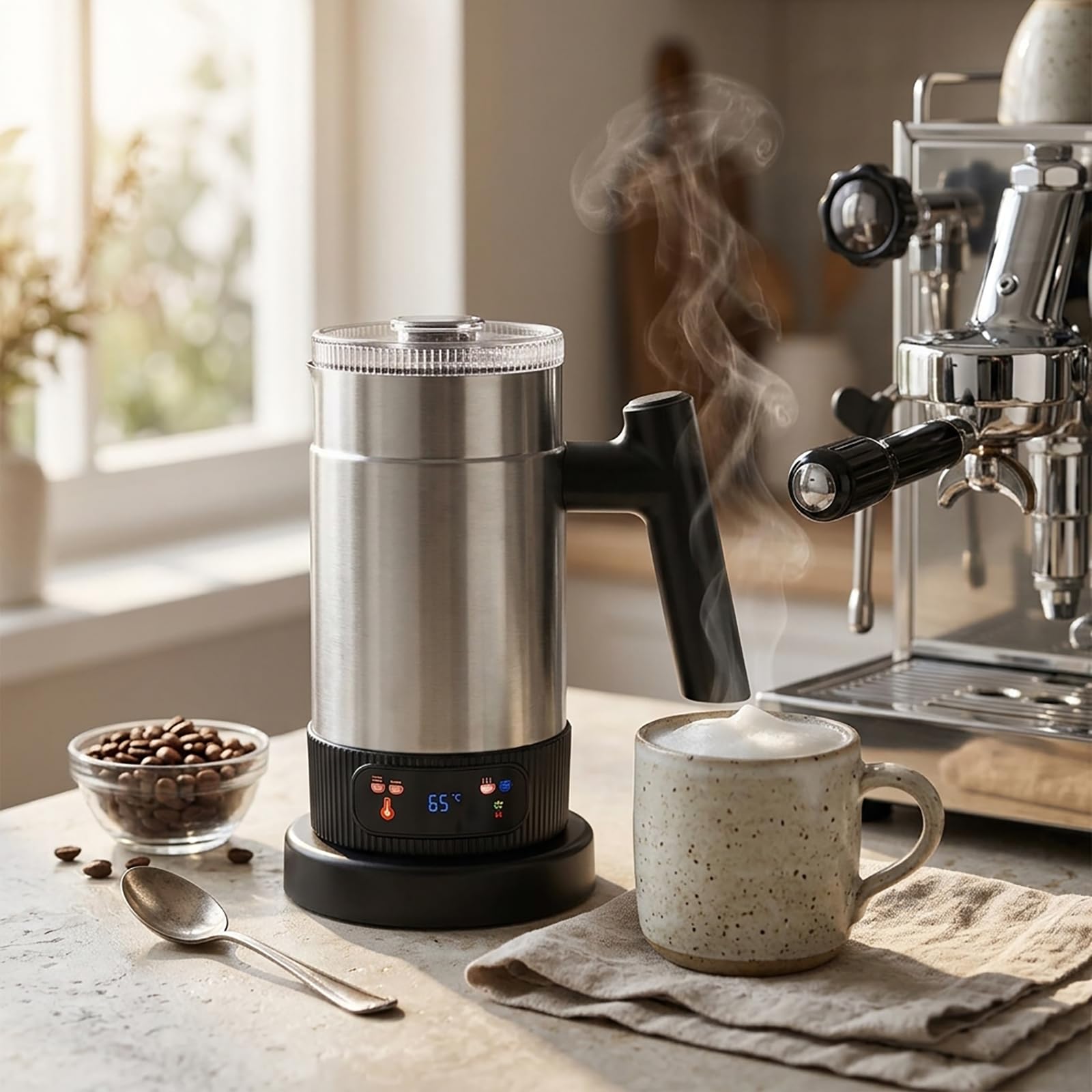Espumador de Leche Eléctrico, 4 en 1, Hacedor de Espuma Caliente y Fría con Pantalla Táctil y Temperatura Ajustable 60-70°C, Interior Antiadherente de Acero Inoxidable, para Latte, Capuchino Macchiato