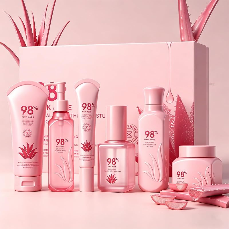 Pink Aloe Vera Soothing Moisturizing Skin Care Set,6-Piece Hydrating Skincare Set,Face Care Kit Includes Toner, Serum, Cleanser, Moisturizer, Eye Cream & Body Lotion,Hydrate, Moisturize Self Facial
