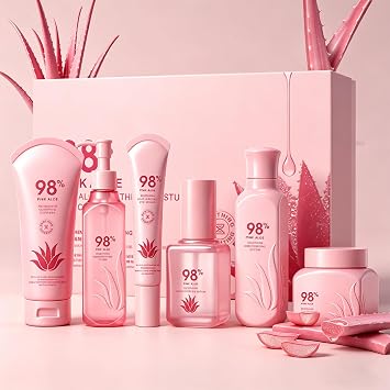 Pink Aloe Vera Soothing Moisturizing Skin Care Set,6-Piece Hydrating Skincare Set,Face Care Kit Includes Toner, Serum, Cleanser, Moisturizer, Eye Cream & Body Lotion,Hydrate, Moisturize Self Facial