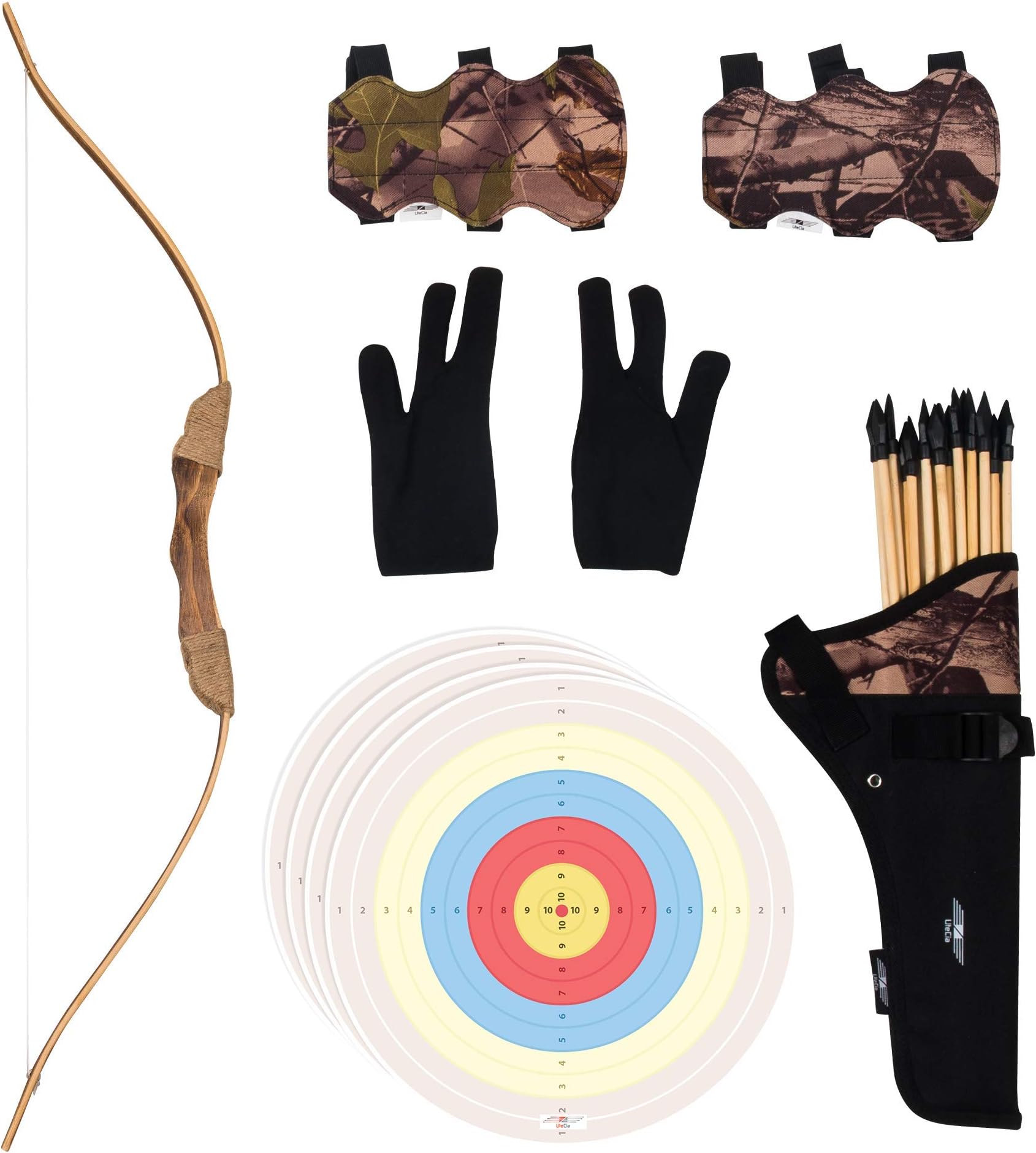 30 Pcs Complete Archery Set for Kids & Beginners - Safety Rubber Tip Arrow Pack, Handcrafted Wooden Bow, Fabric Quiver, Arm Guard, Finger Glove, Target Sheets - Outdoor and Indoor Shooting Toy