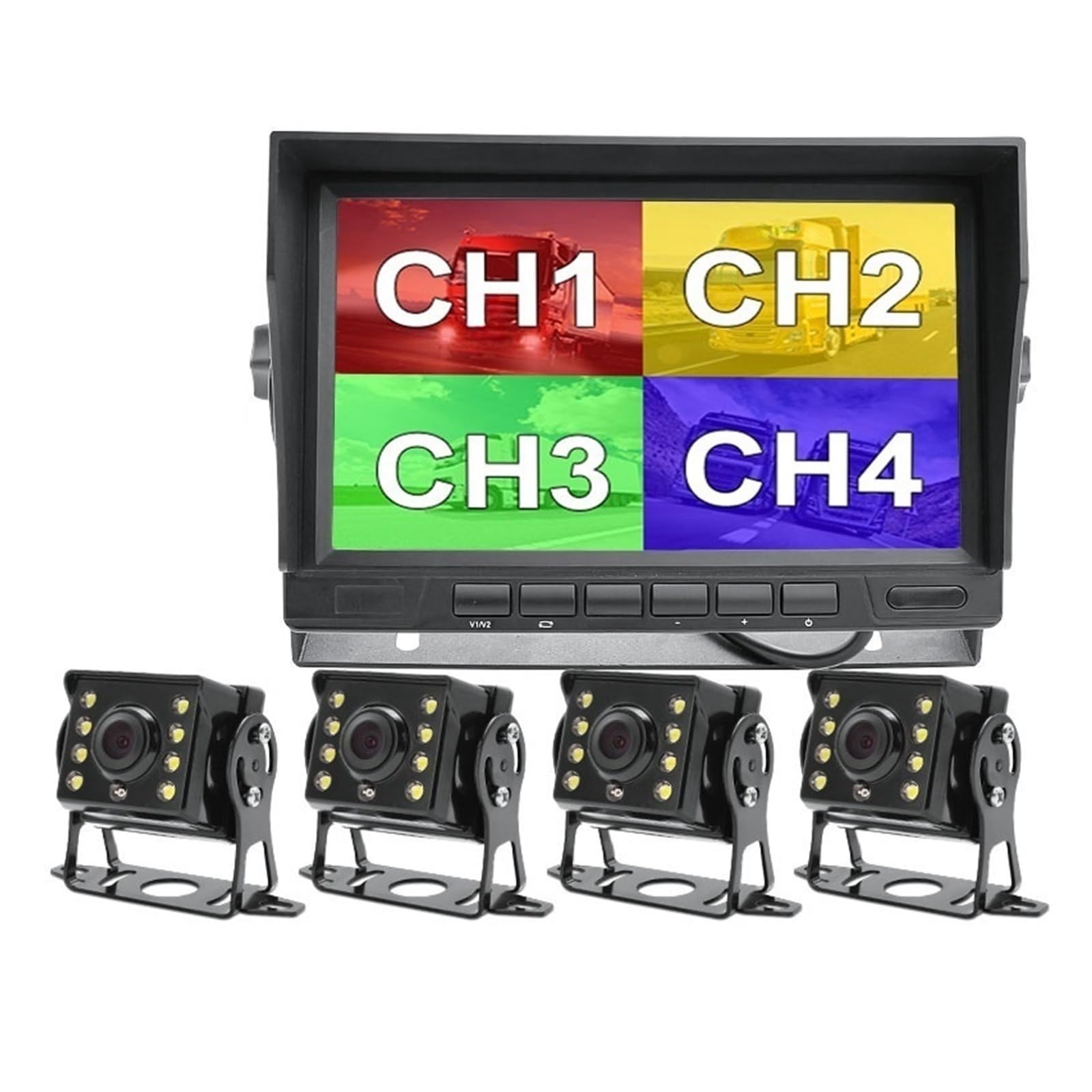 AHD1920x1080P 7 pulgadas IPS camión autobús 4CH vehículo DVR grabadora Monitor de aparcamiento con 4 canales cámara delantera trasera izquierda derecha AHD for coche(4PCS No LED Camera)