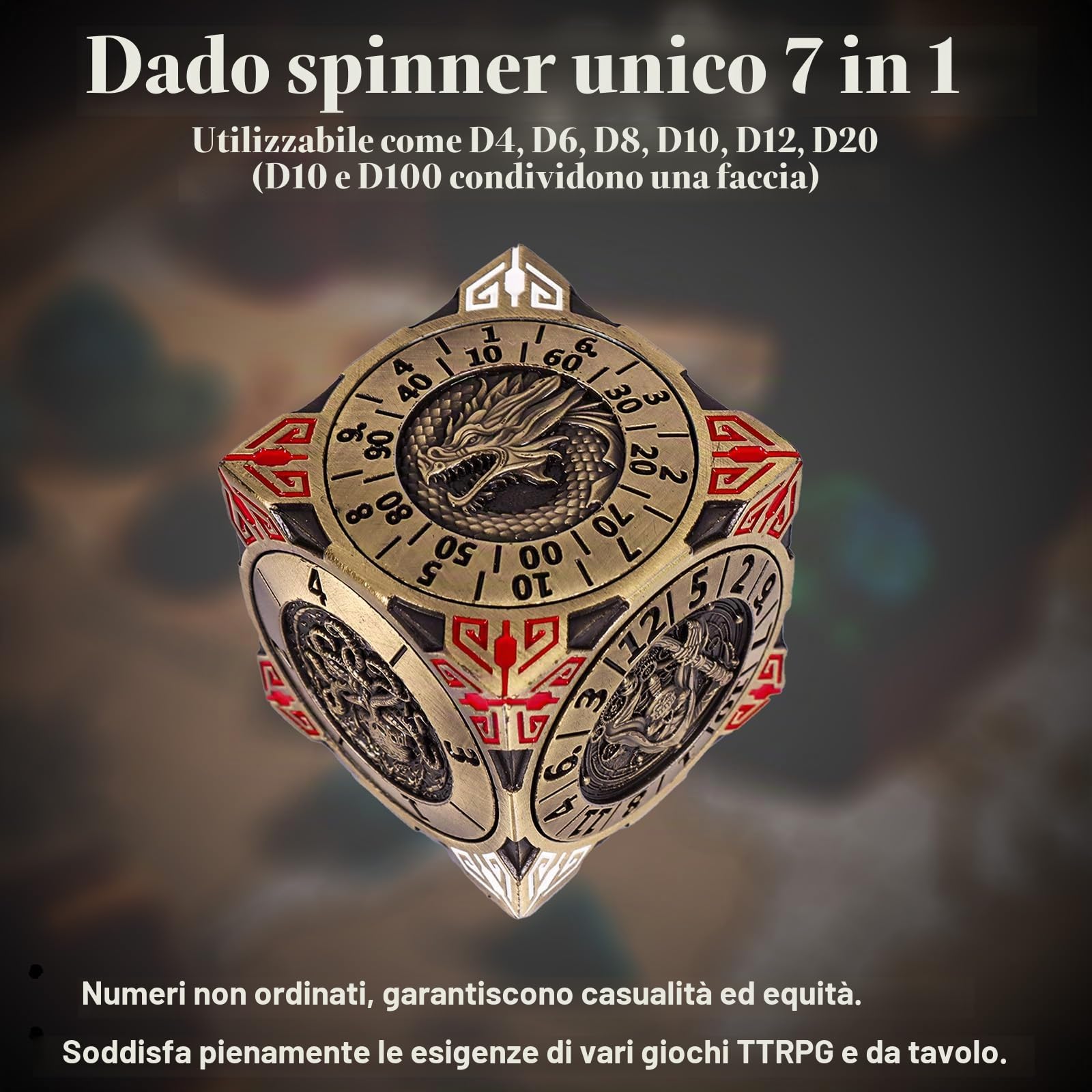 DND Spinner Dice - Set di dadi in metallo 7 in 1 con design drago in rilievo 3D | Design unico di rotazione per Dungeons & Dragons RPG Dado poliedrico per D&D e DM (bronzo)