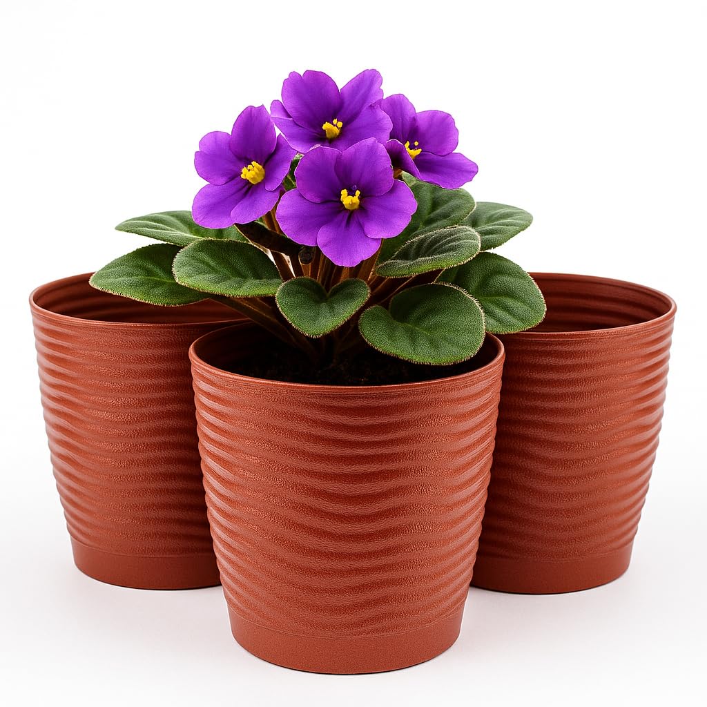 Home Garden Ornaments Wave Plant Pots Indoor, Set of 3 Indoor Plant Pot with 3D Effect, Drainage Holes, and Integrated Saucer, Plastic Flower Pots (Diameter: 15cm, Colour: Red)