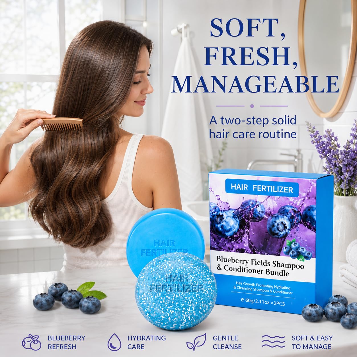 Blueberry Fields Shampoo & Conditioner Bundle，Blueberry Organics shampoo bar for Hair Growth - Strengthening, Thickening & Volumizing