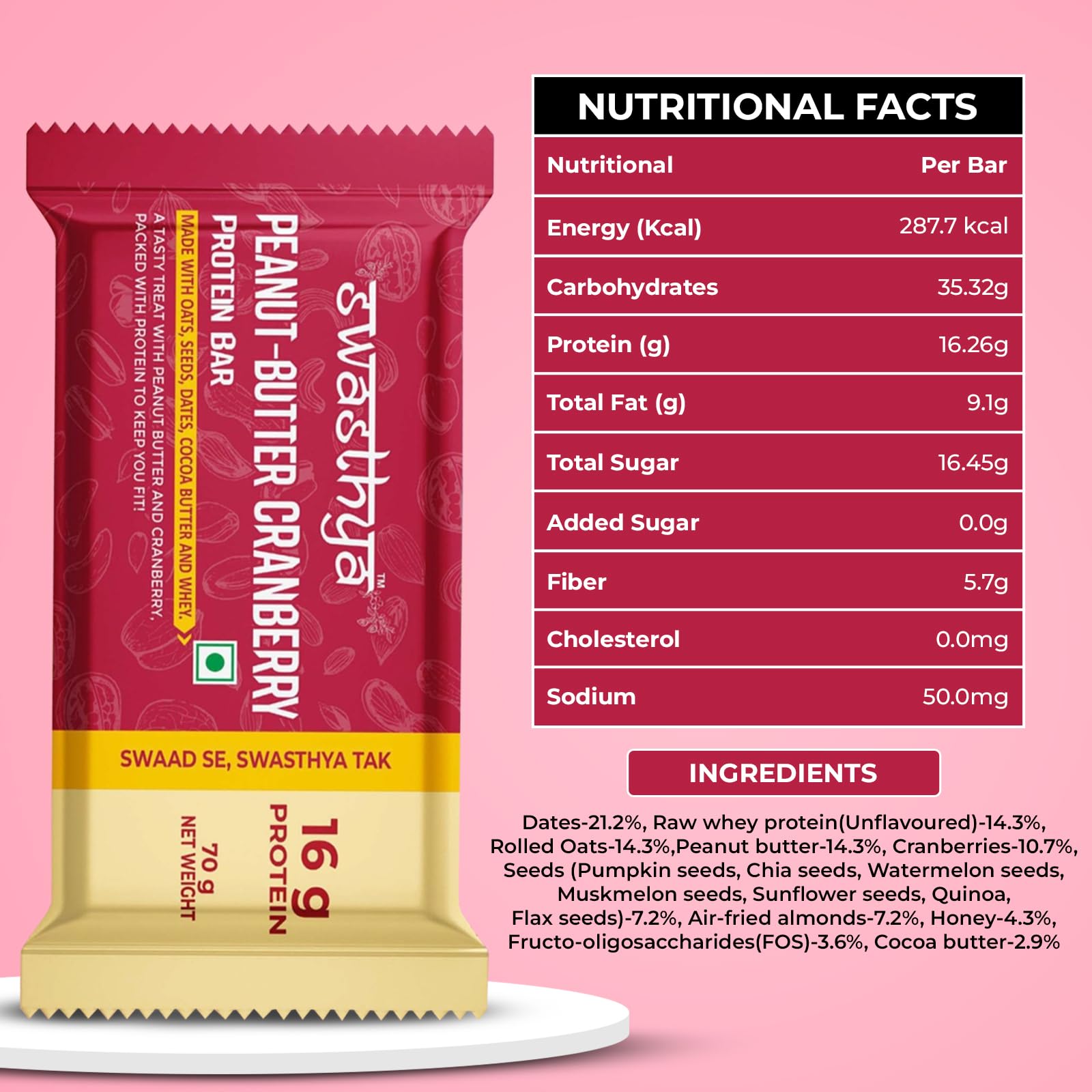Swasthya Peanut-Butter Cranberry Protein Bar | 16g Protein | No Refined Sugar- Pack of 6 — Amazon image 2