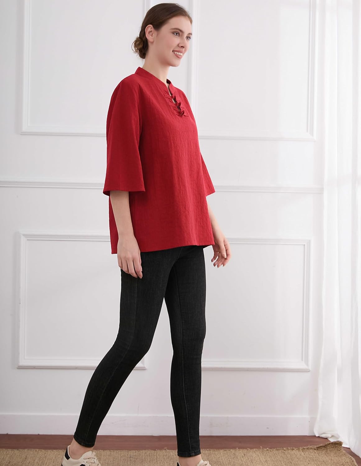 Minibee Women's 3/4 Length Sleeve Tops Cotton Linen Shirts Casual Blouse Summer Tops for Women - Image 7