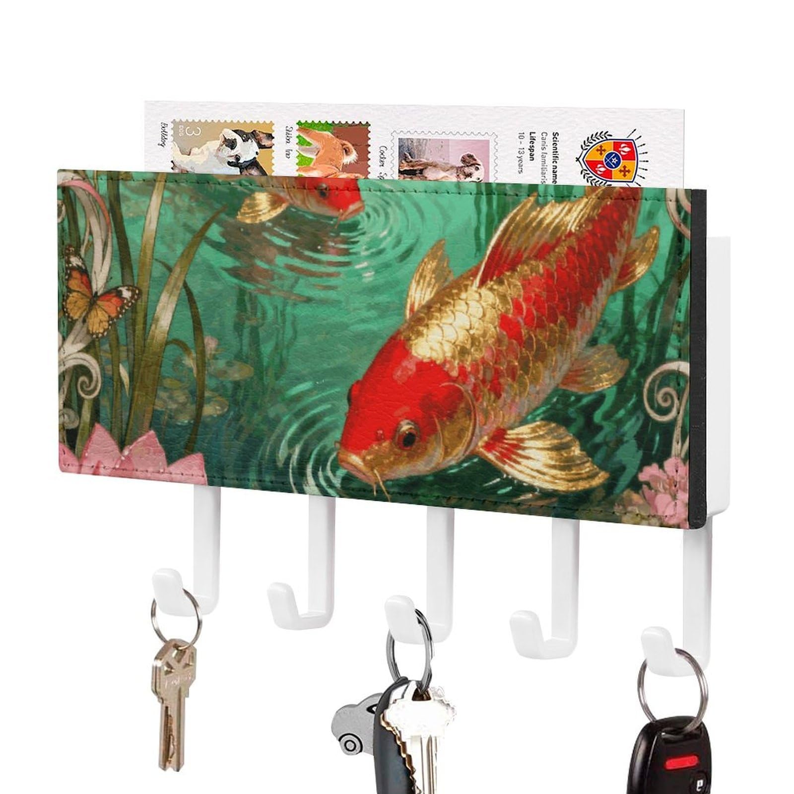 DWVTSLH Koi Lotus Pool Key Holder for Wall, Decorative Key Hooks with Mail Organizer & 5 Hooks, Self Adhesive Leather Key Hanger for Entryway, Wall Mounted Key Rack (7.1” X 4.3” X 0.9”)
