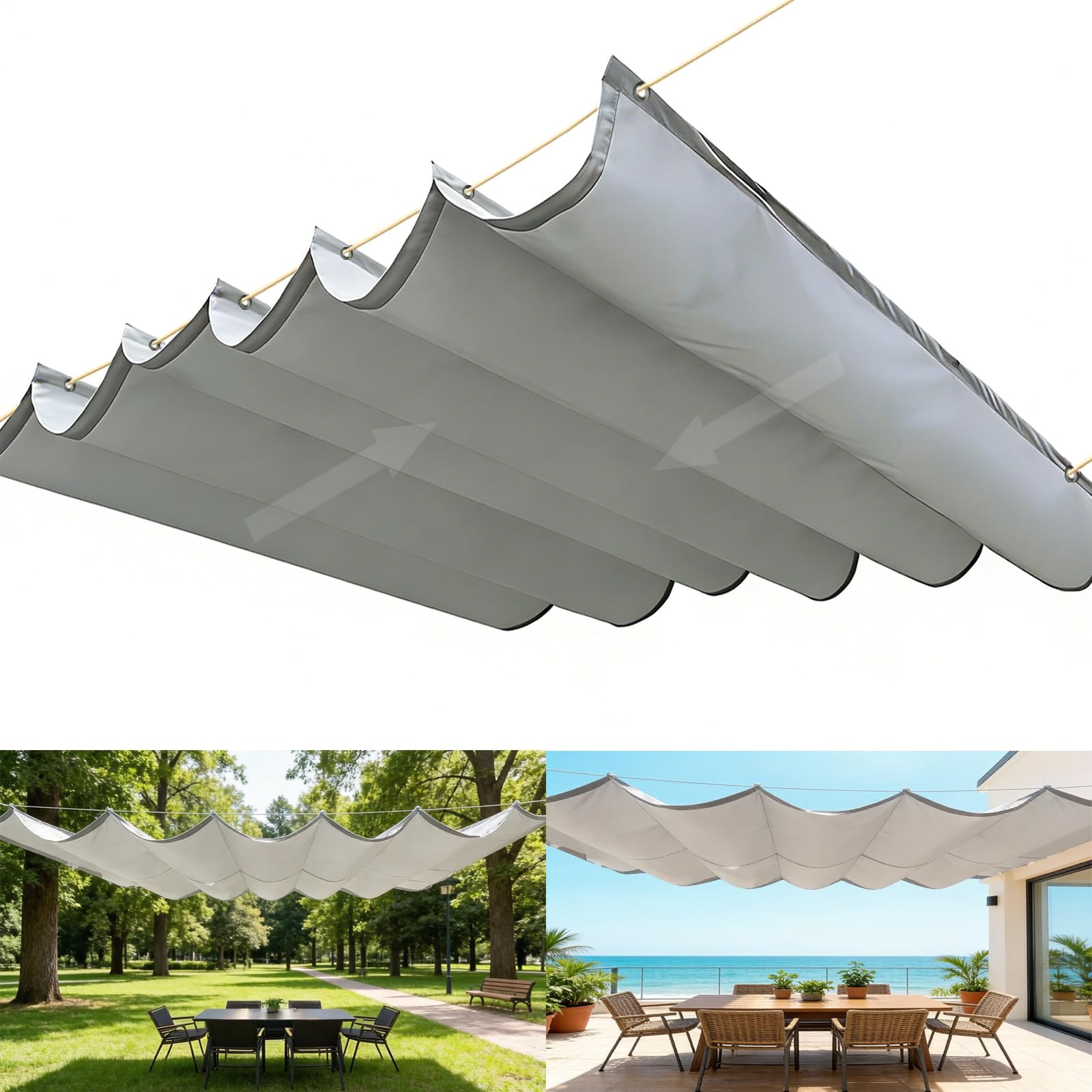 Retractable Wave Sun Shade Sail, Wave Awning Canopy with Eyelets and Rope, Adjustable Outdoor Sliding Canopy Cover Waterproof Outdoor Pergola for Garden Patio Yard-Light gray||100x800cm