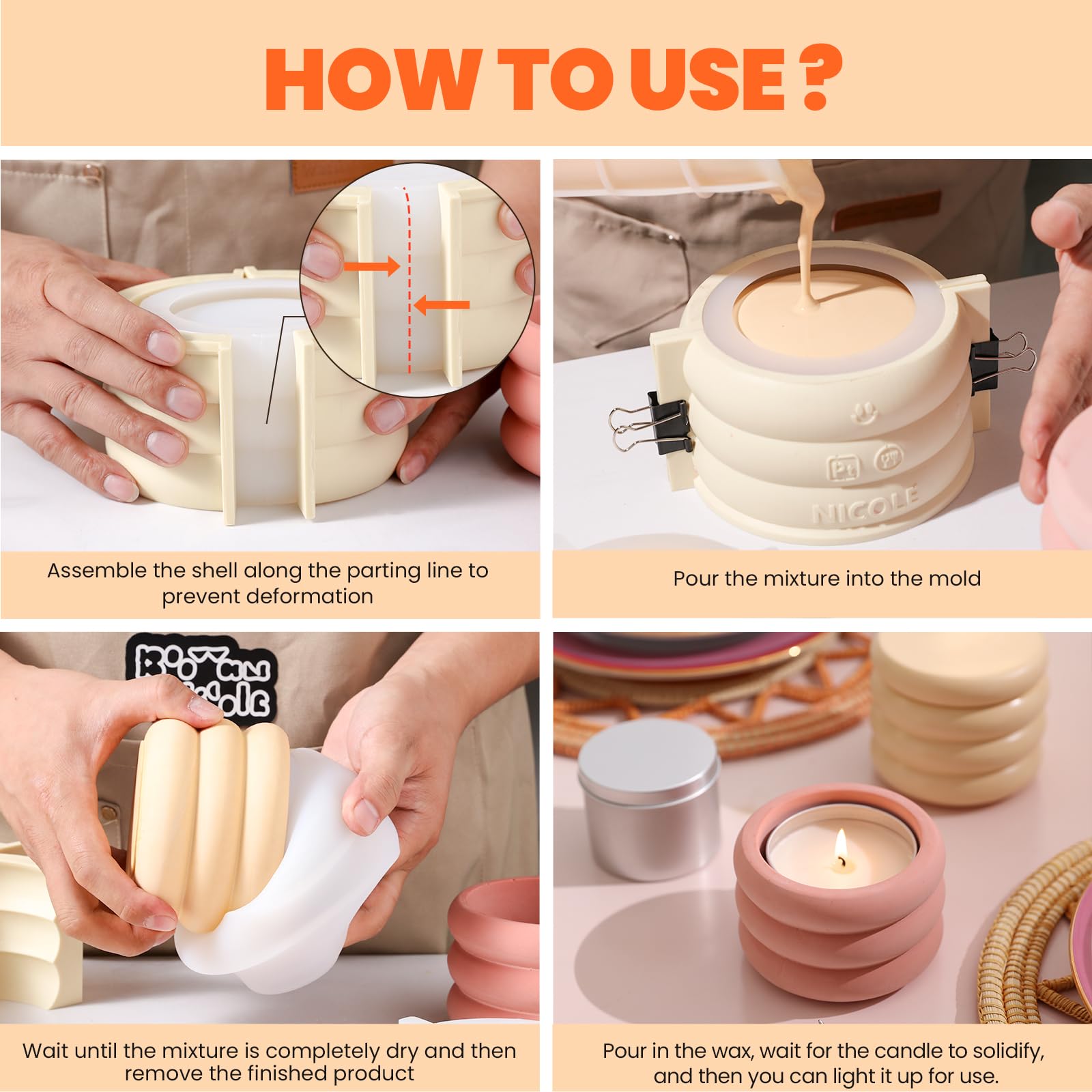 BOOWAN NICOLE Macarron - Stampi in silicone per barattoli di candela con ricarica da 170 ml, per calcestruzzo, cemento, candele, barattoli, fai da te, decorazione domestica