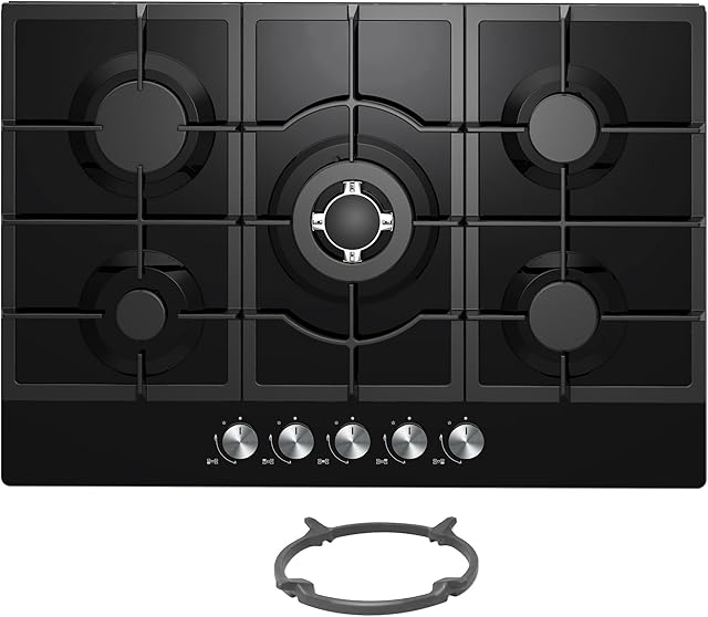 Cookology GGH755BK Kitchen Hob 75cm Built-in 5 Burner Gas-on-Glass Hob in Black