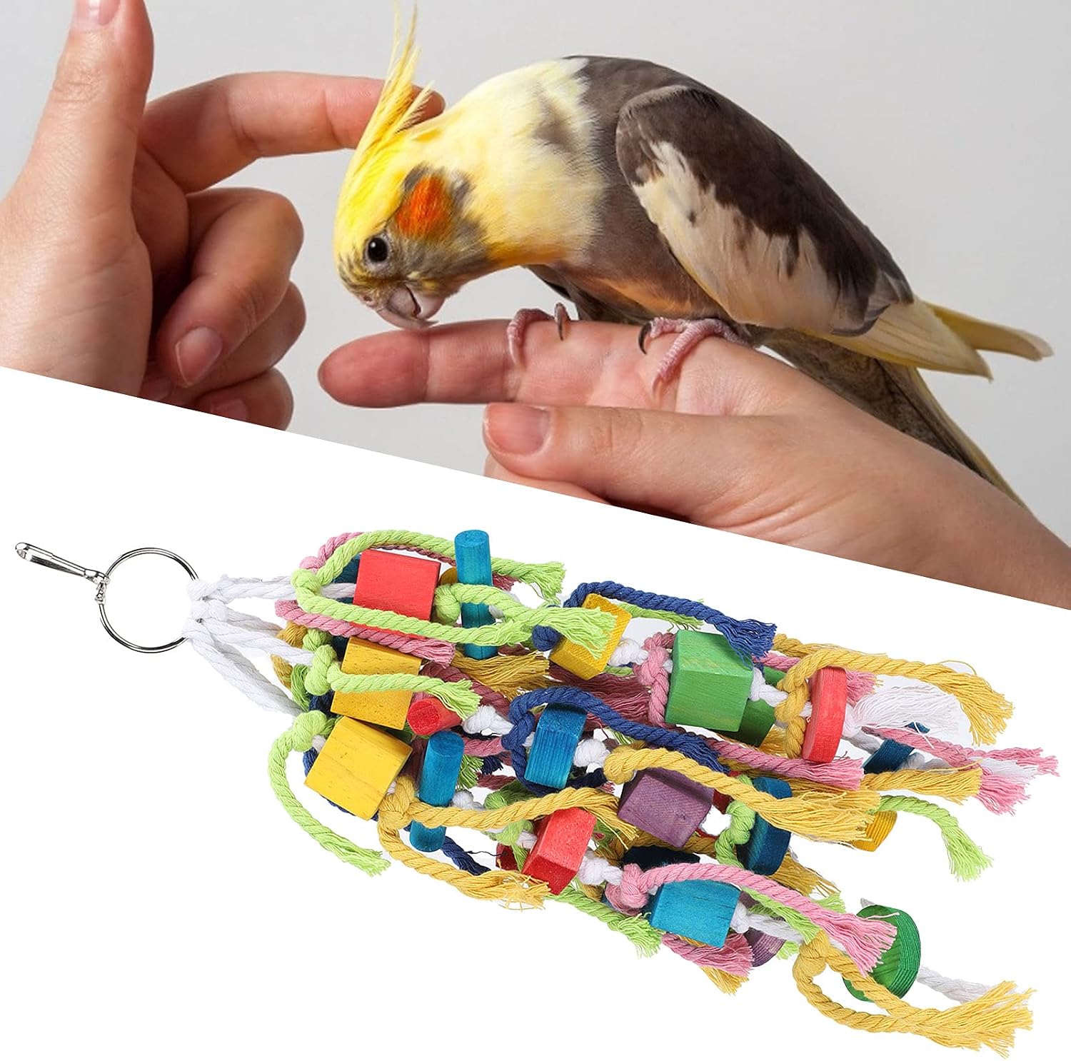 Parrot Swing Chewing Toys, Birds Parrots Multicolored Natural Wooden Chewing Toy Biting Block Gnawing String