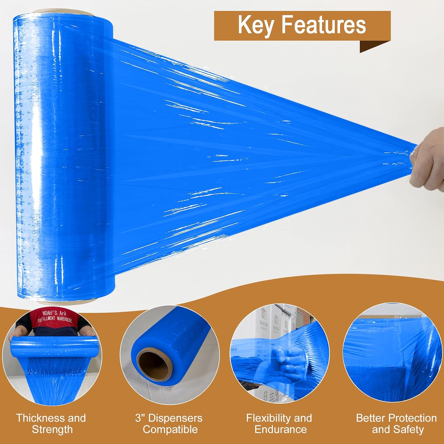 Noah's Ark Warehouse 18" x 1500FT Industrial Class Pallet Wrap, 60 Gauge Blue Stretch Film for Warehouse Packing, Adhering Packing Moving Packaging (1 Pack)