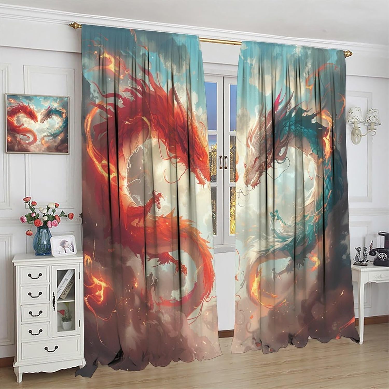 Oriental Dragon Blackout Curtains Cartoon Red and Blue Longs Watercolor Art Painting Rod Pocket Window Treatments for Kids Boys Girls Bedroom Kitchen Living Dining Cafe 42" W X 45" L