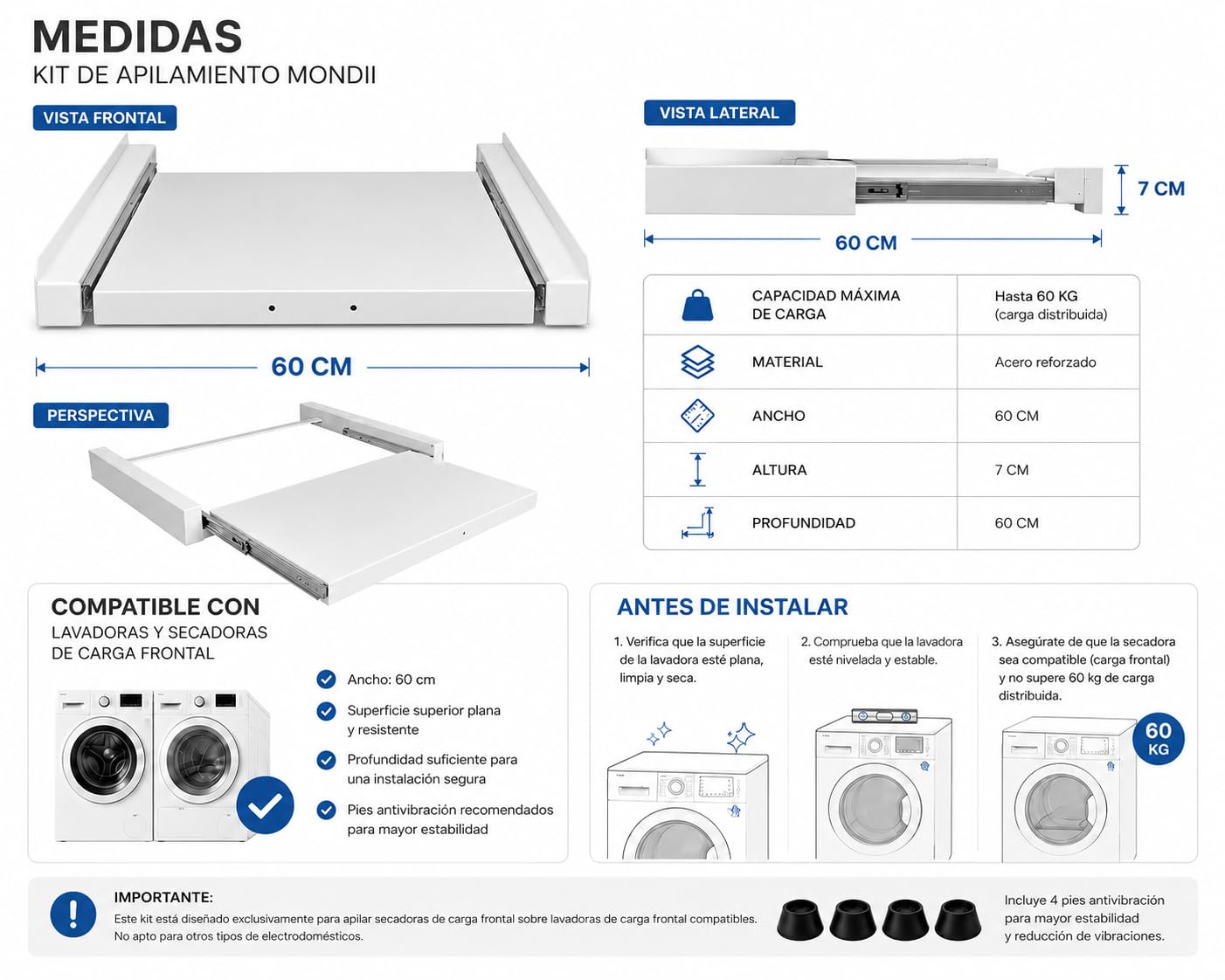 Kit Apilamiento Lavadora Secadora + 4 Pies Antivibración