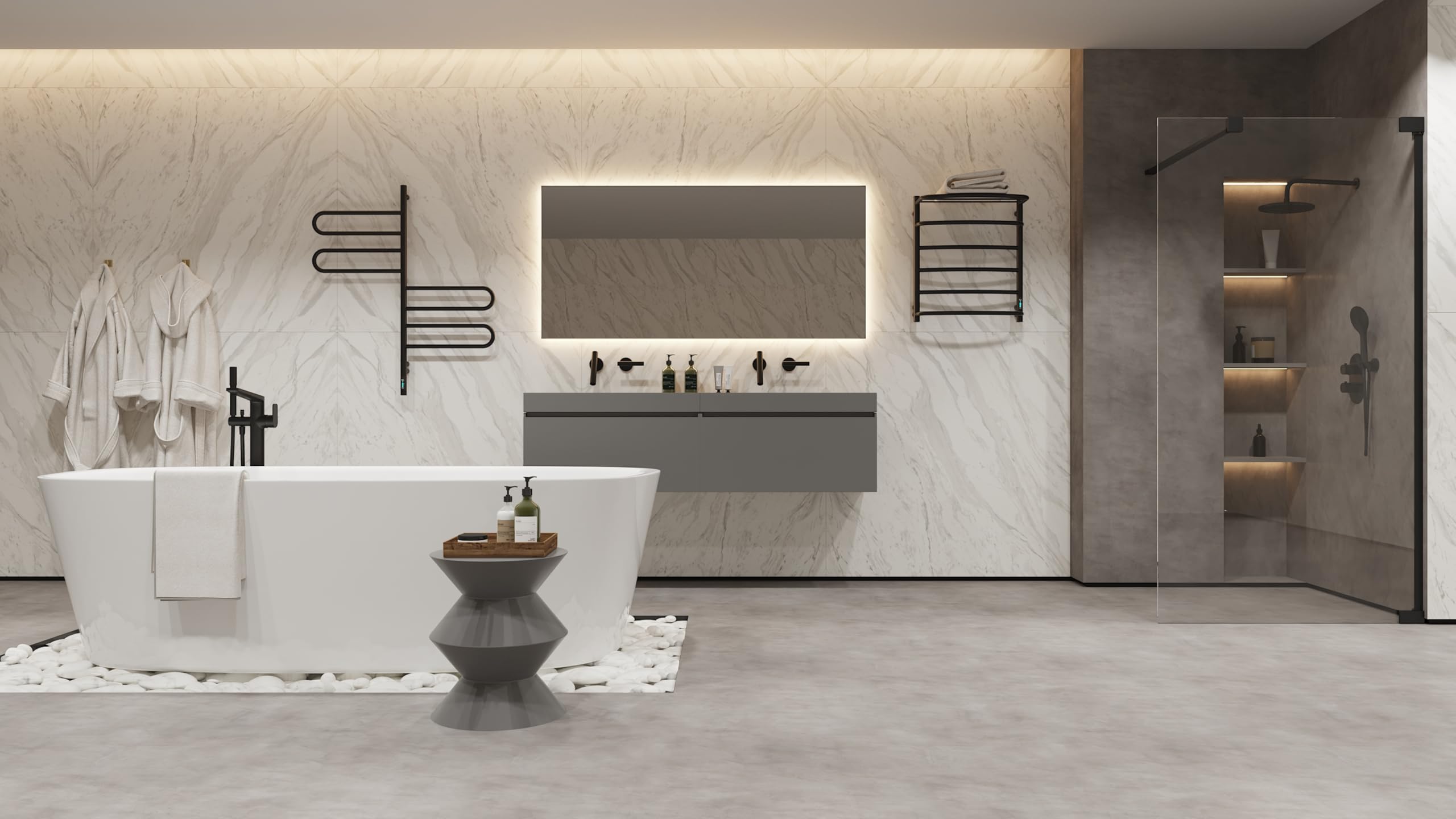 Elna Scaldasalviette Nero - 127W - 610x530mm - Elettrico con Ripiano - Per Casa e Famiglia - Acciaio Inox - Con Termostato, Timer & Eco - IP44 - Montaggio a parete