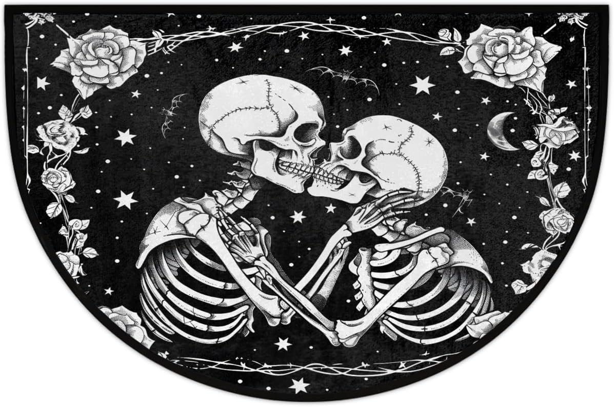 Half Round Door Mat Halloween Skull Skeleton Goths Non-Slip Semi Circle Area Rug Washable Semi Circle Floor Rug for Indoor Outdoor Living Room Bathroom Kitchen Patio Hearth Rugs Home Decoration