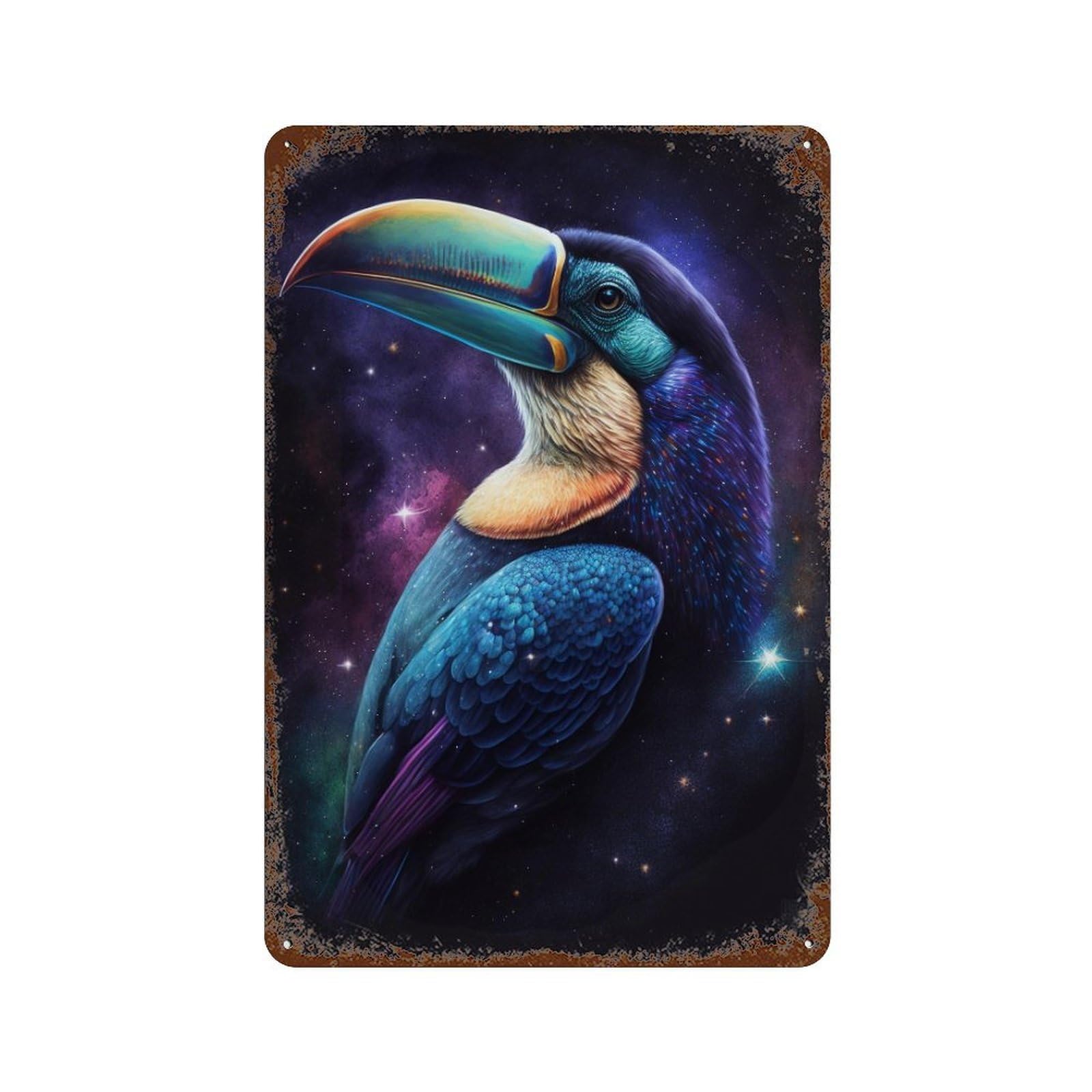 Rustic Tin Plaque with Cosmic Toucan Art Print-2 Design 11.8"x7.9", for Pub, Kitchen And Man Cave Decor, Old School Wall Decor