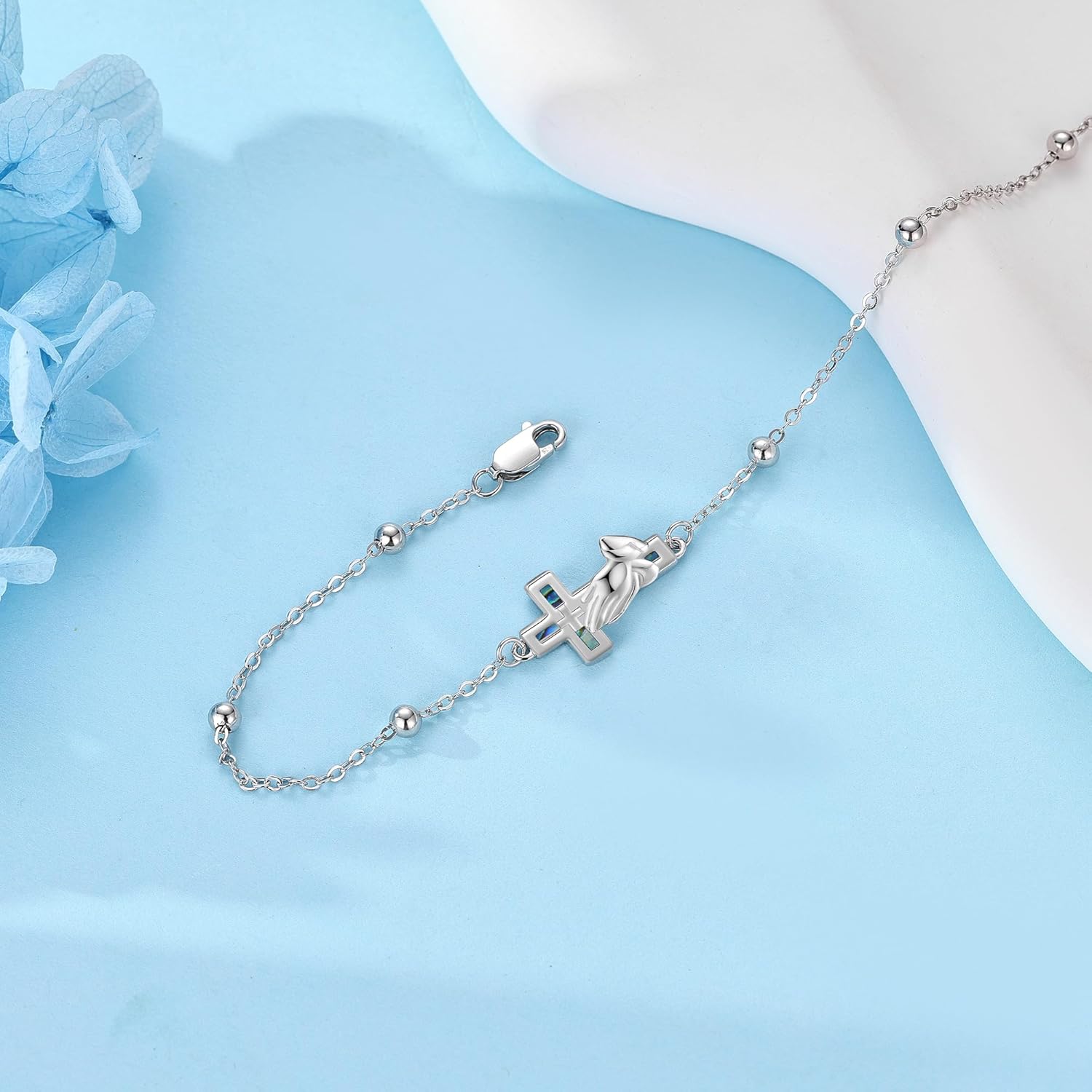 Praying Hands Bracelet 925 Sterling Silver Abalone Cross Serenity Prayer Link Bracelet Religious Jewelry Gifts for Women Men - Image 5