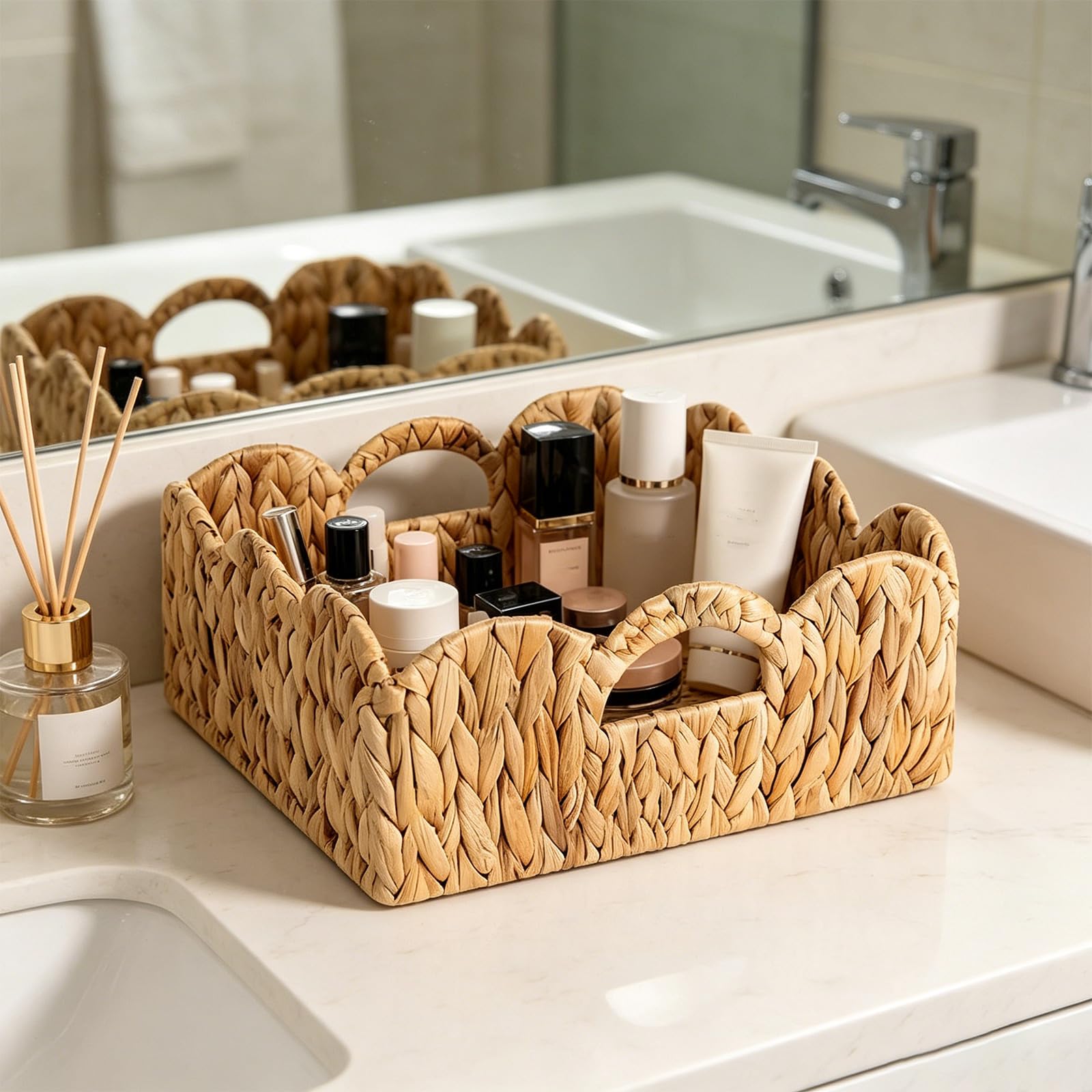 Caja de fibra natural, jacinto de agua, con borde de encaje, cesta de almacenamiento decorativa