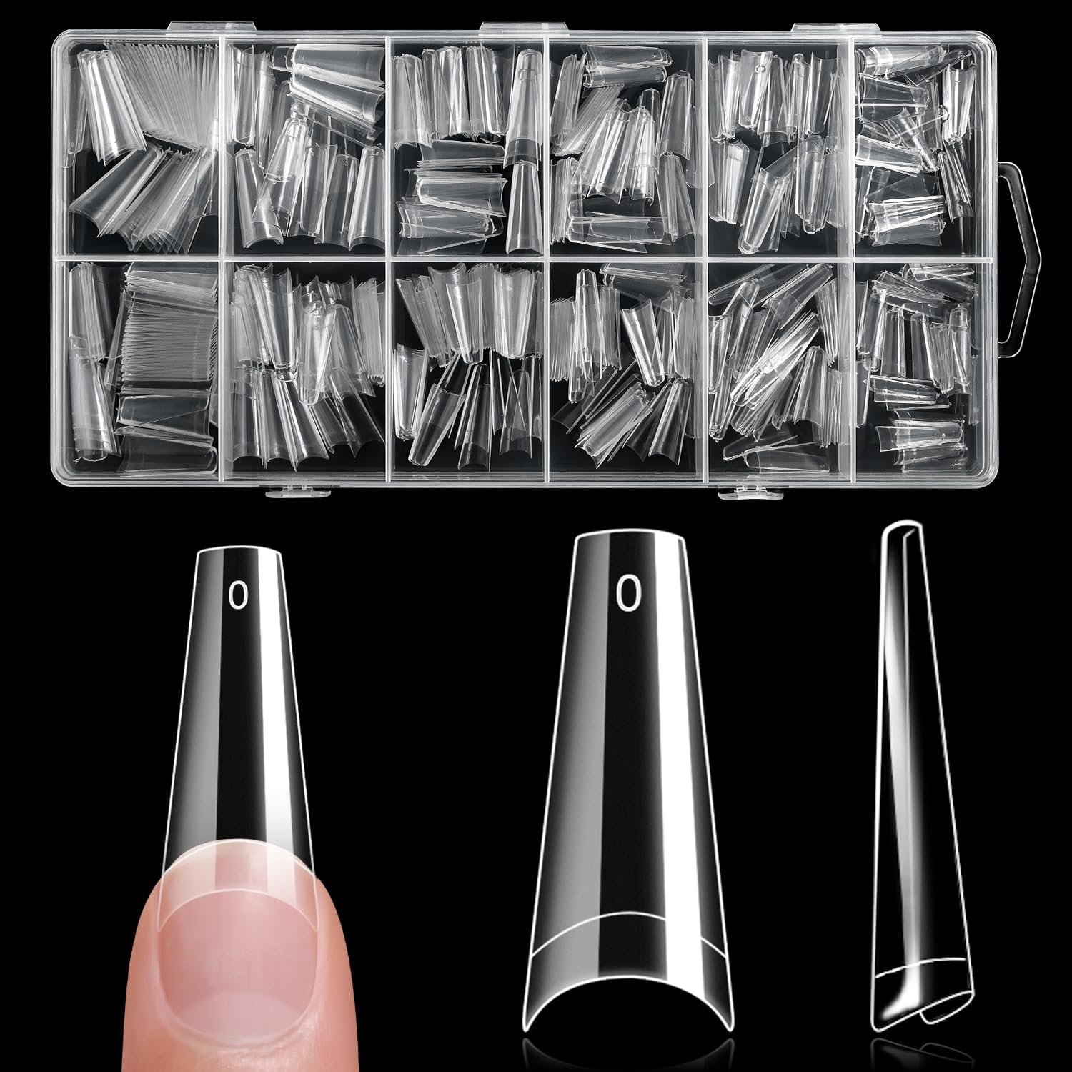 600PCS Half Cover Coffin Nail Tips - Acrylic Nail Tips 12 Size Clear False Nails Tips with Box for Nail Salons and Home DIY (Clear)