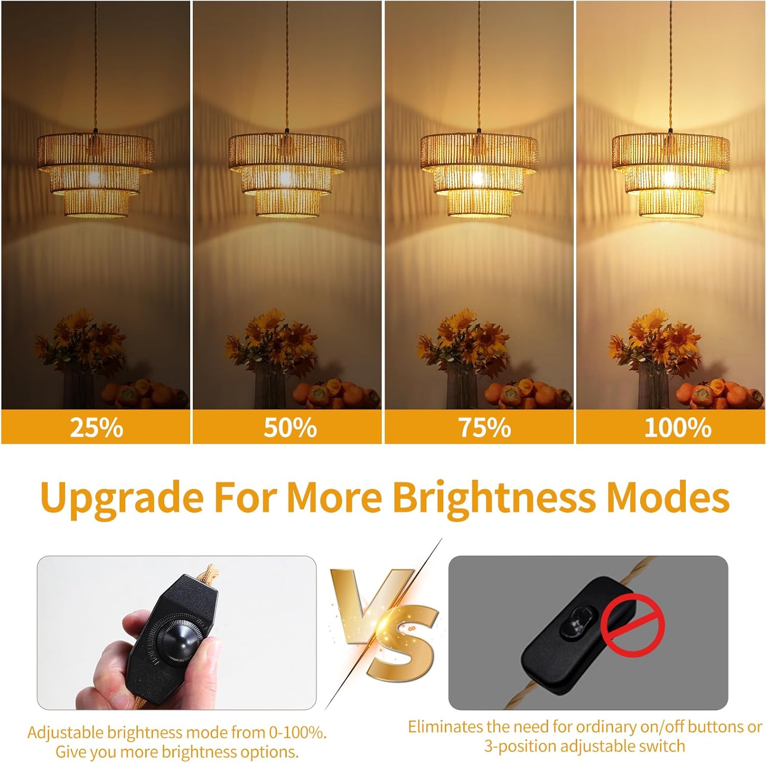 Plug-in Pendant Light Bohemian-Style Rattan Adjustable Dimmer Bamboo Wicker Lampshade Ceiling Fixture Plug-in Power Cord, Suitable for Living Rooms, bedrooms, and Kitchens