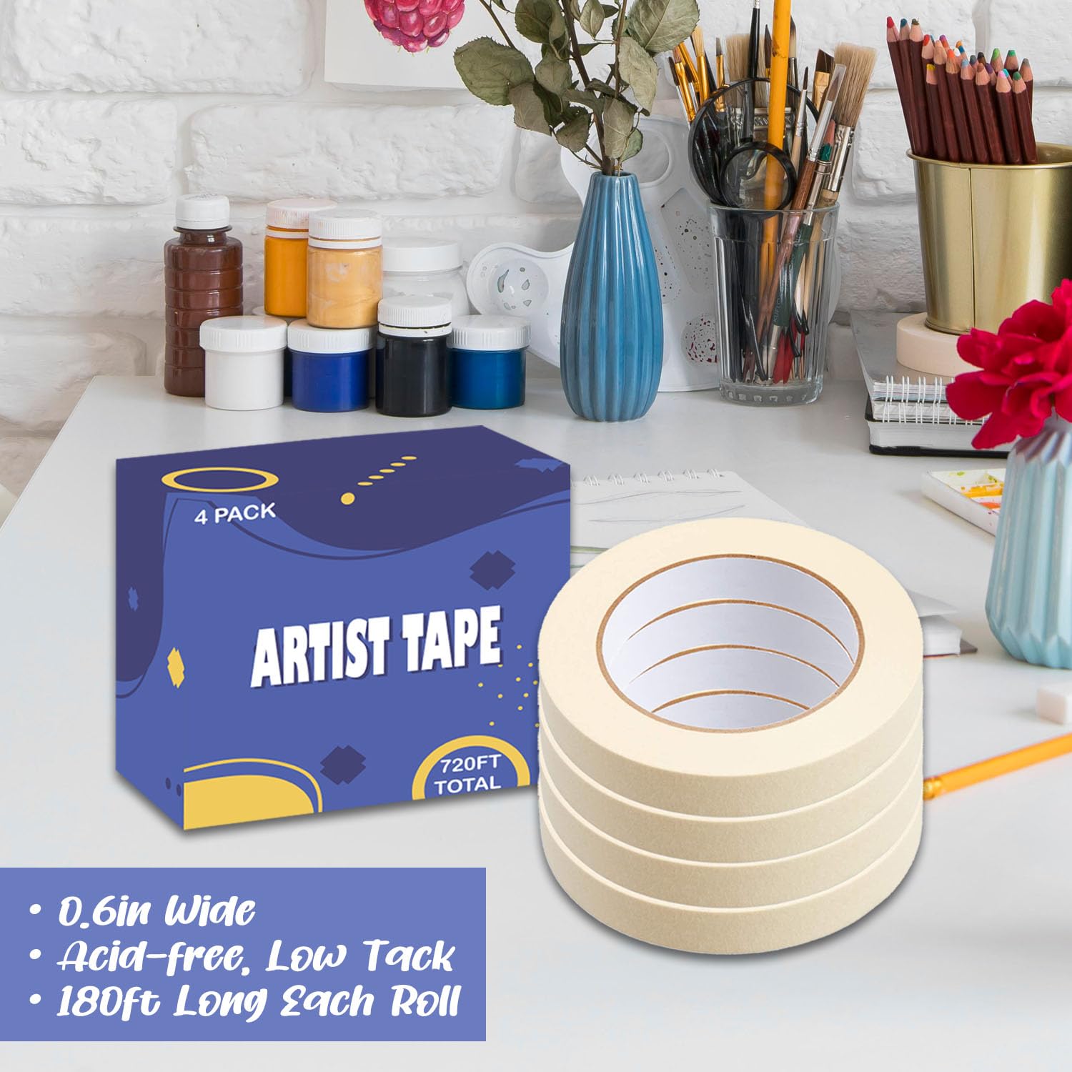 4 Pack White Artist Tape, Art Masking Artist Tape For Watercolor Painting