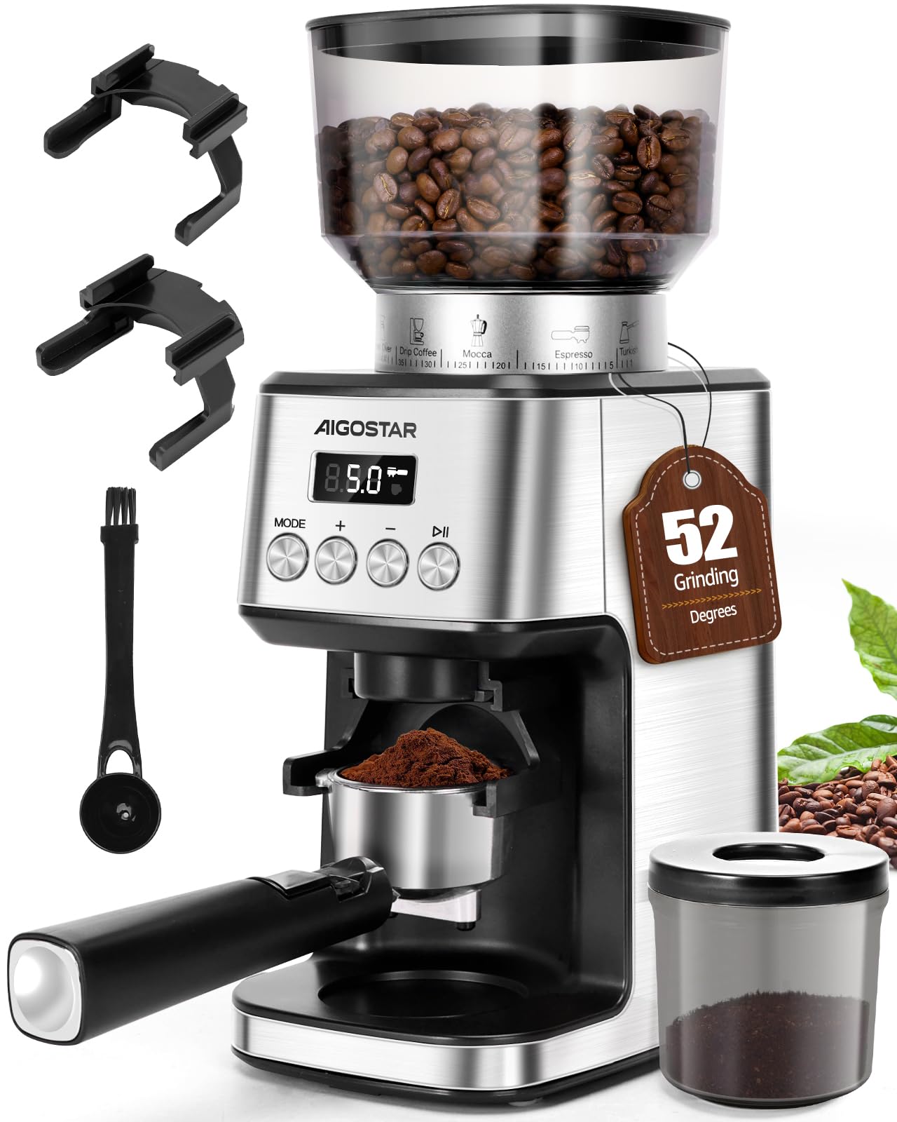 Aigostar Macina Caffe' Elettrico a Cono, 52 Impostazioni di Macinatura, Macinacaffè Elettrico per Caffè Espresso, Macina Caffè Professionale con Display Digitale Preciso, Acciaio Inossidabile, Argento