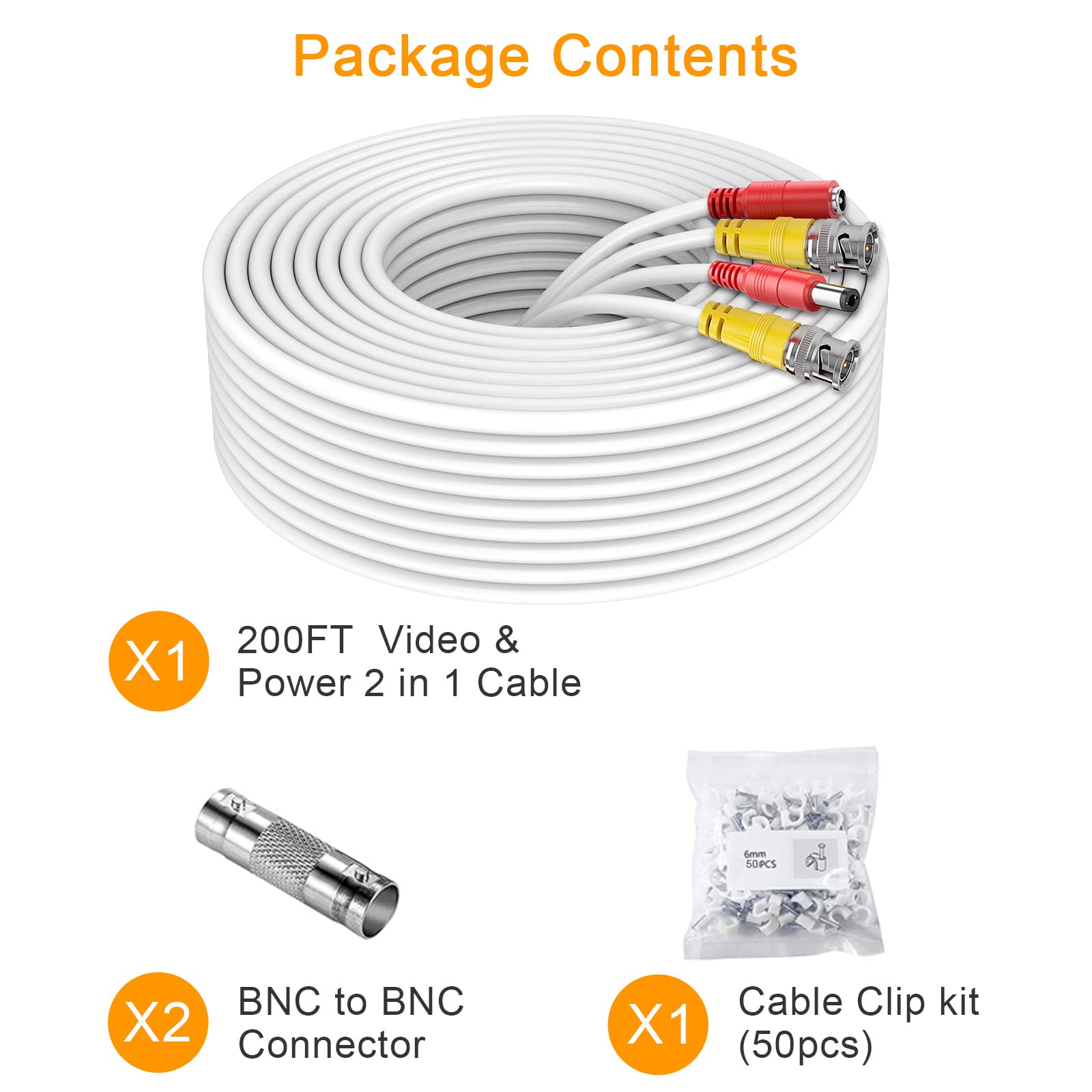 Bnc Cable 200ft All-in-One Siamese BNC Video and Power Security Camera Cable BNC Extension Wire Cord with 2 Female Connectors for All Max 5MP HD CCTV DVR Surveillance System (200ft Cable, White)