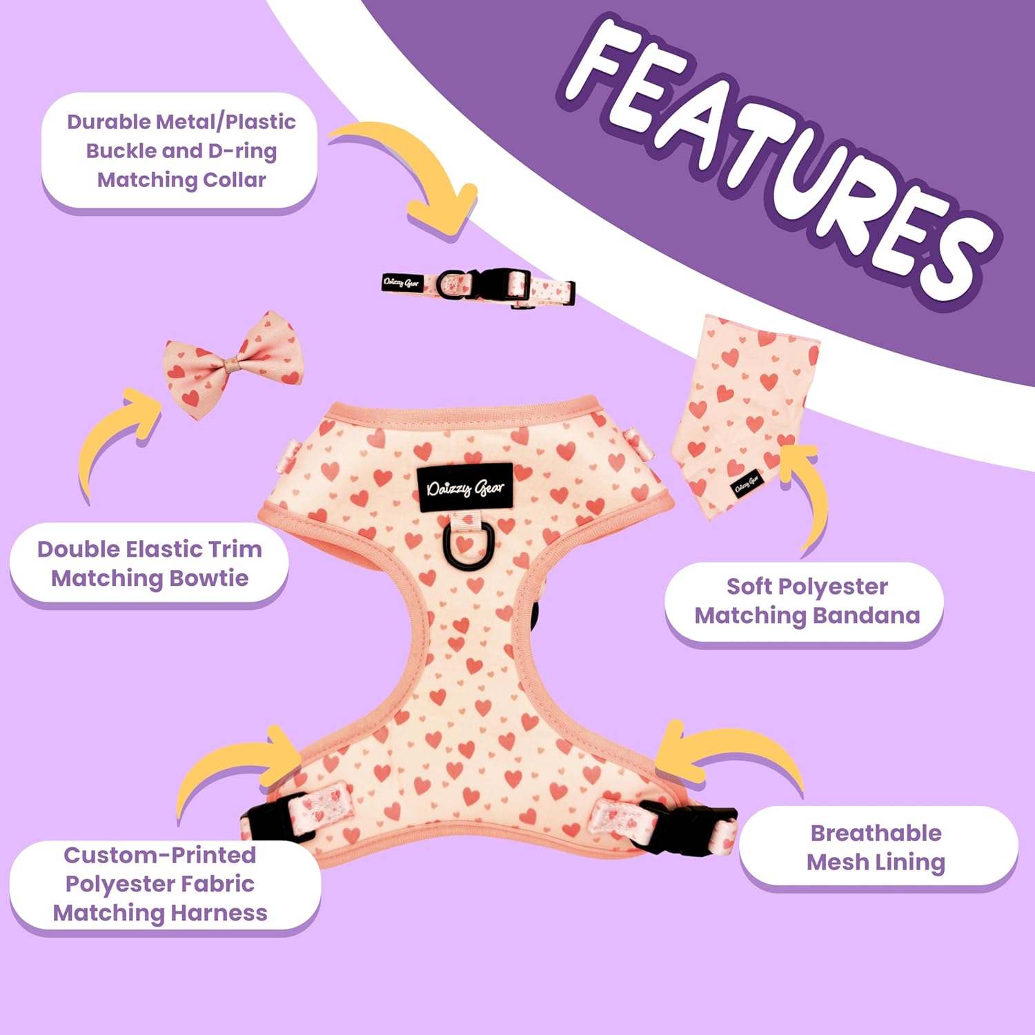 Medium Dog Harness Set, Puppy Harness with Dog Collar - 4-Piece Kit - No-Pull, All Weather, Breathable Harness, Adjustable Collar, Bow Tie & Bandana | Cute & Comfortable - Blushing Love Pink Hearts